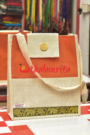 Orange with Hati Welcro Closure Jute Bag