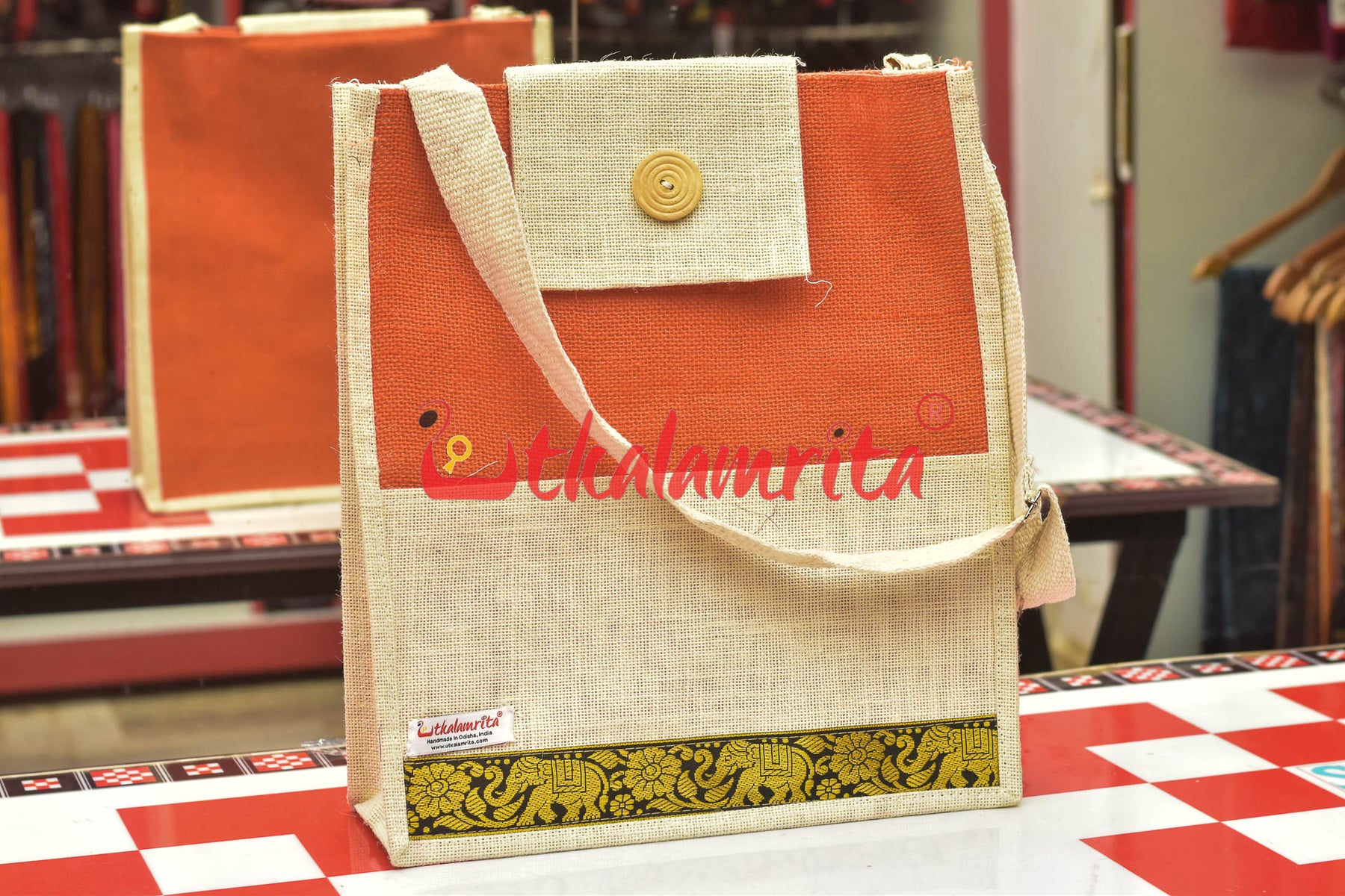 Orange with Hati Welcro Closure Jute Bag