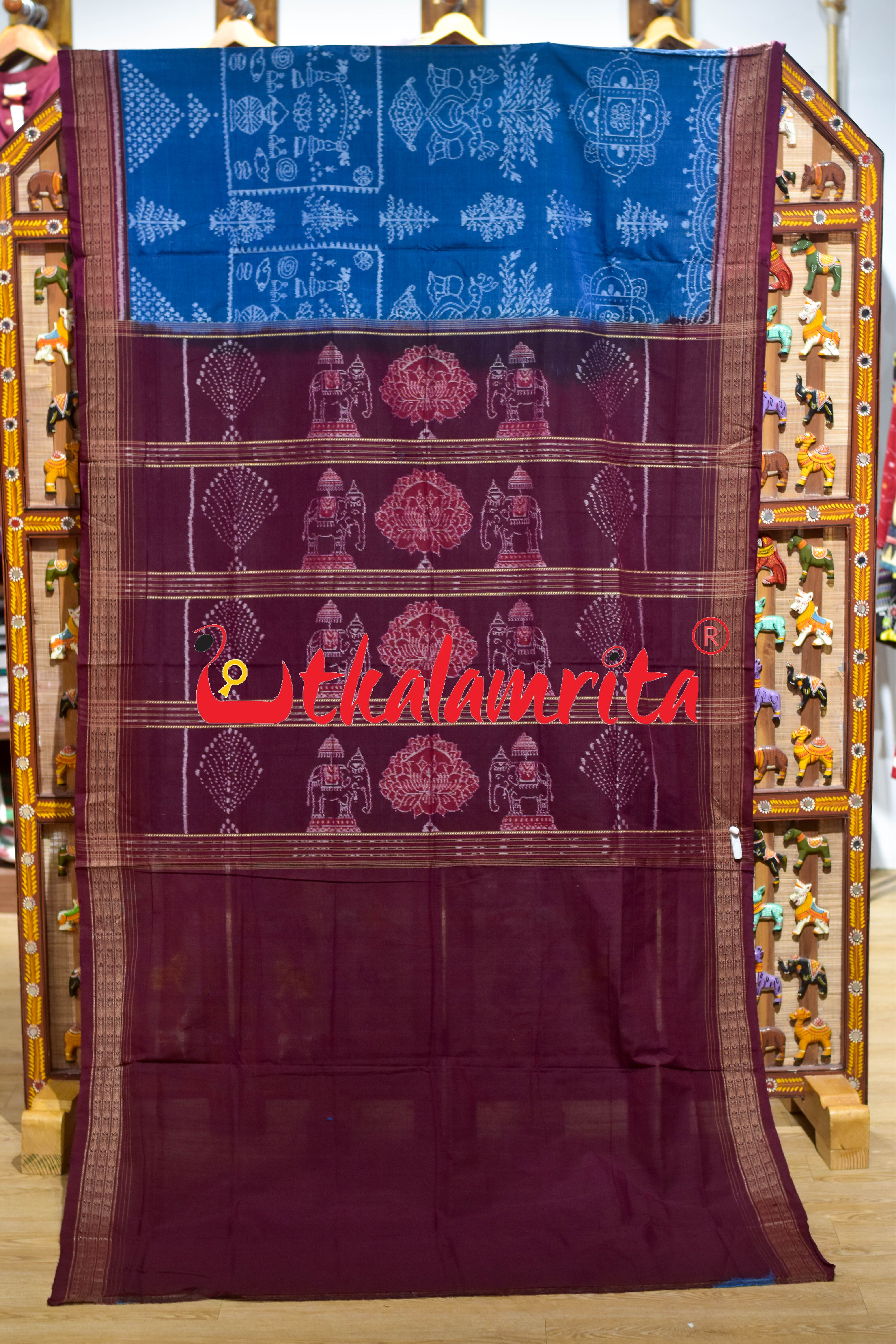Mayura Kalasa Tree of Life Blue Maroon Sambalpuri Cotton Saree