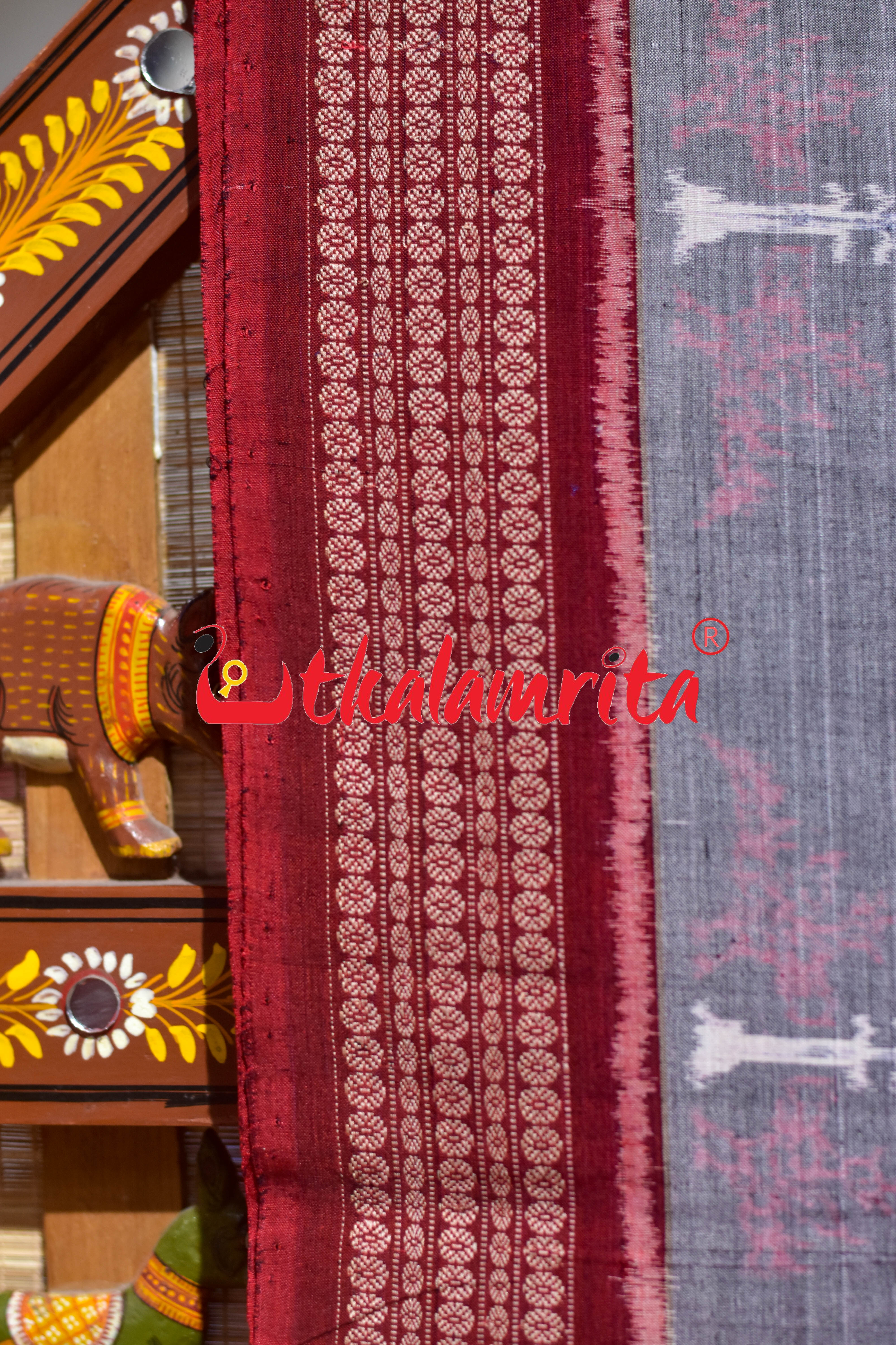 Grey Maroon Tree of Life Sambalpuri Cotton Saree