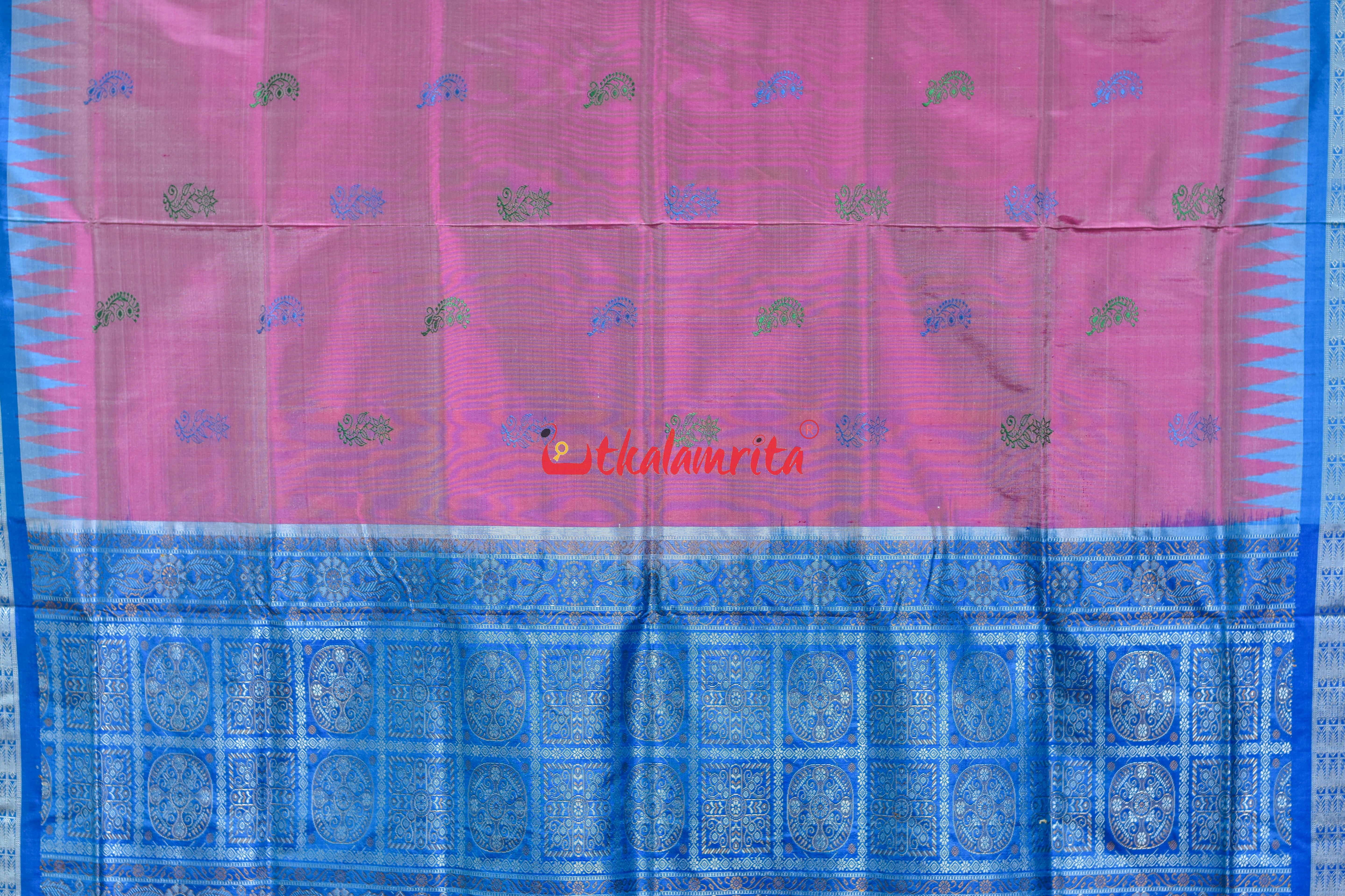 Light Pink Blue Phula Dala Bomkai Silk Saree