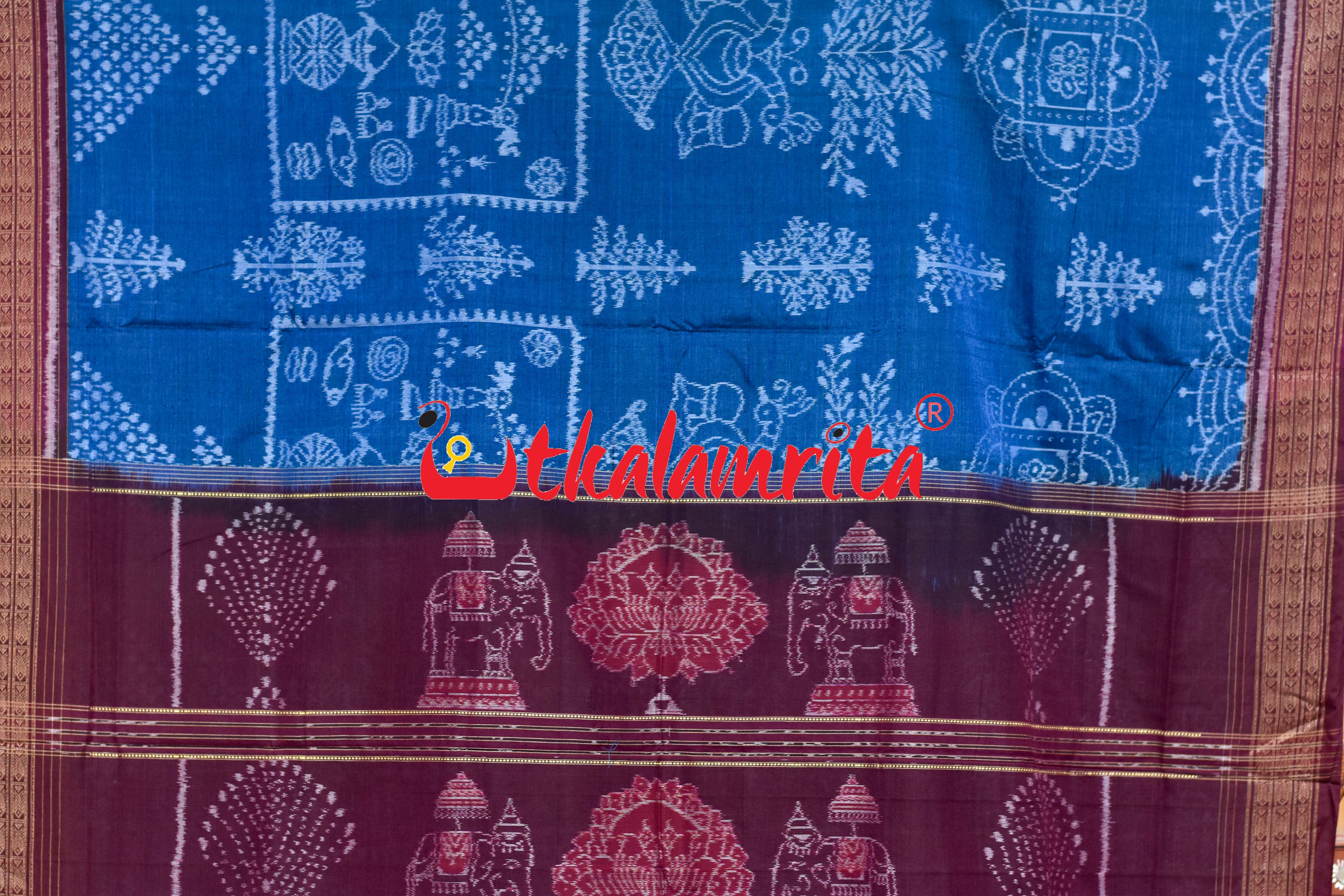 Mayura Kalasa Tree of Life Blue Maroon Sambalpuri Cotton Saree