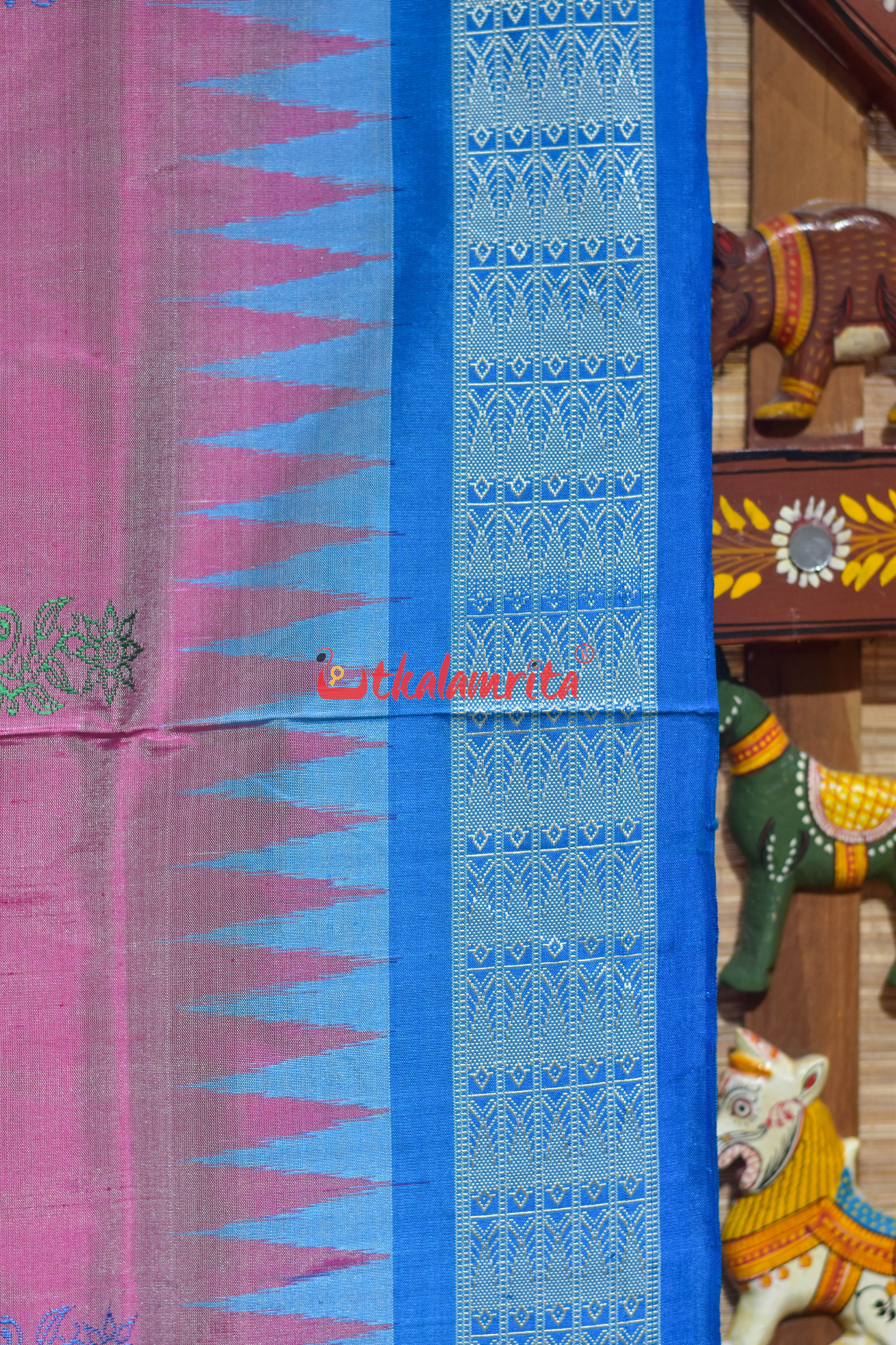 Light Pink Blue Phula Dala Bomkai Silk Saree