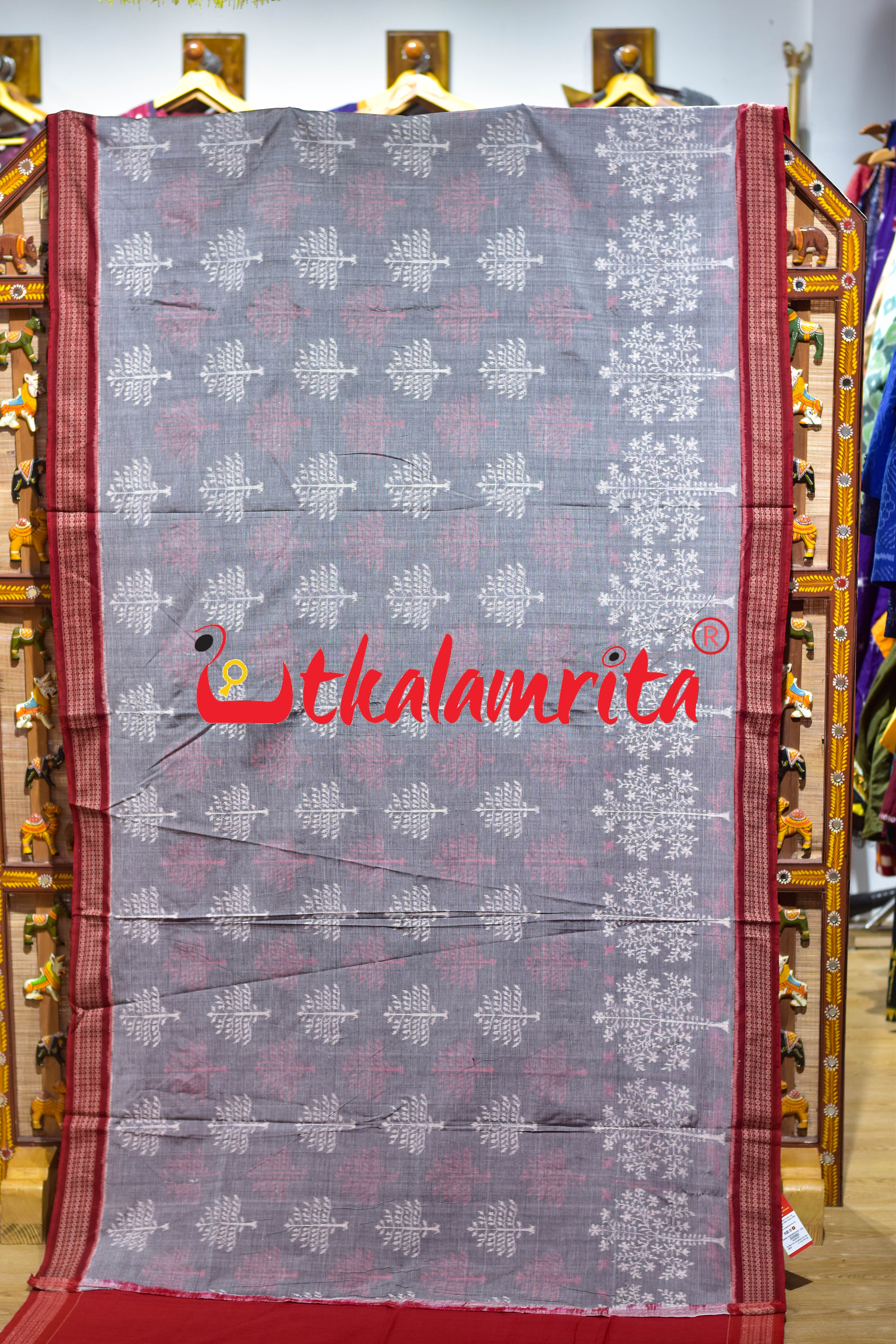 Grey Maroon Tree of Life Sambalpuri Cotton Saree