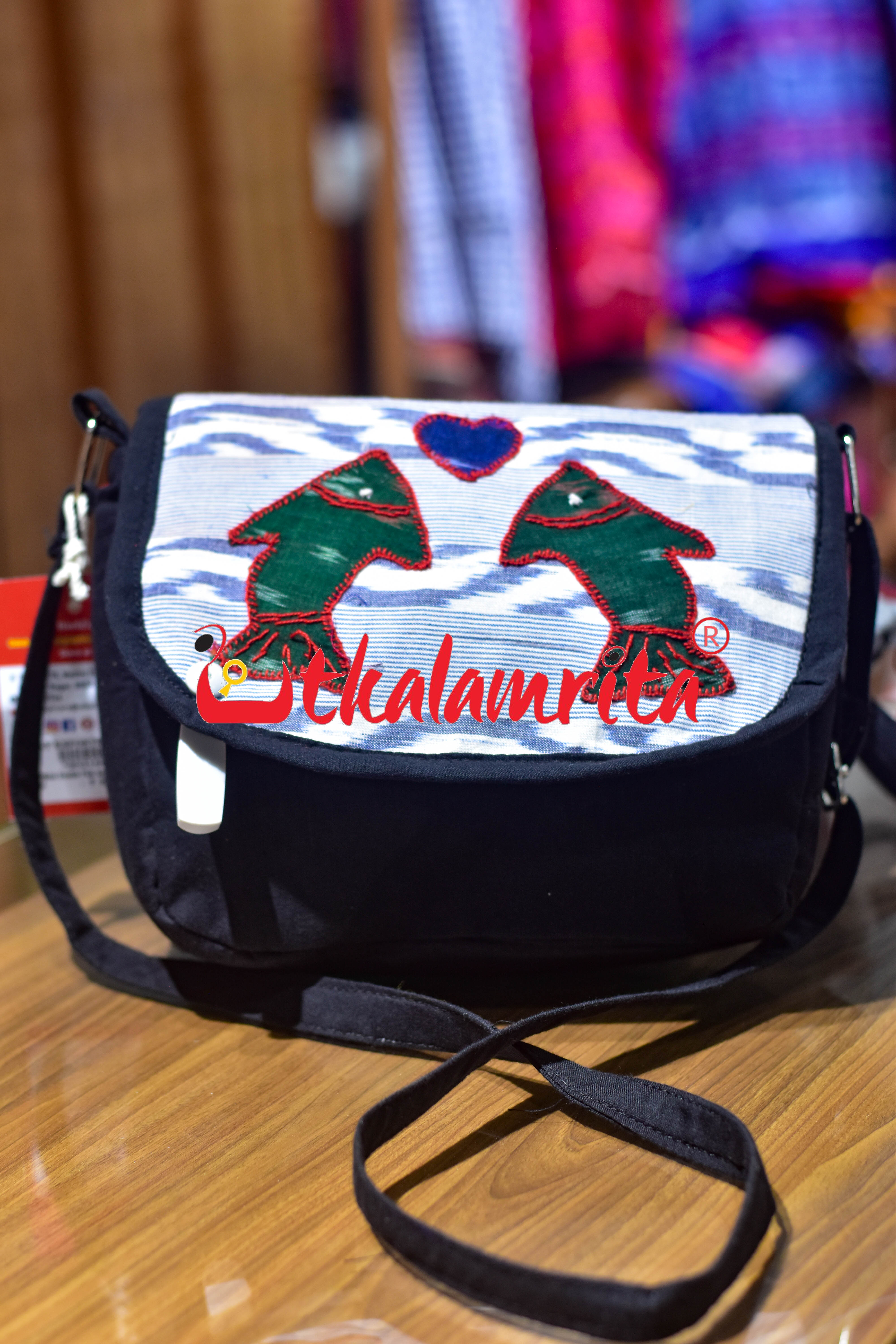 Black White Double Fish Applique Sling Bag