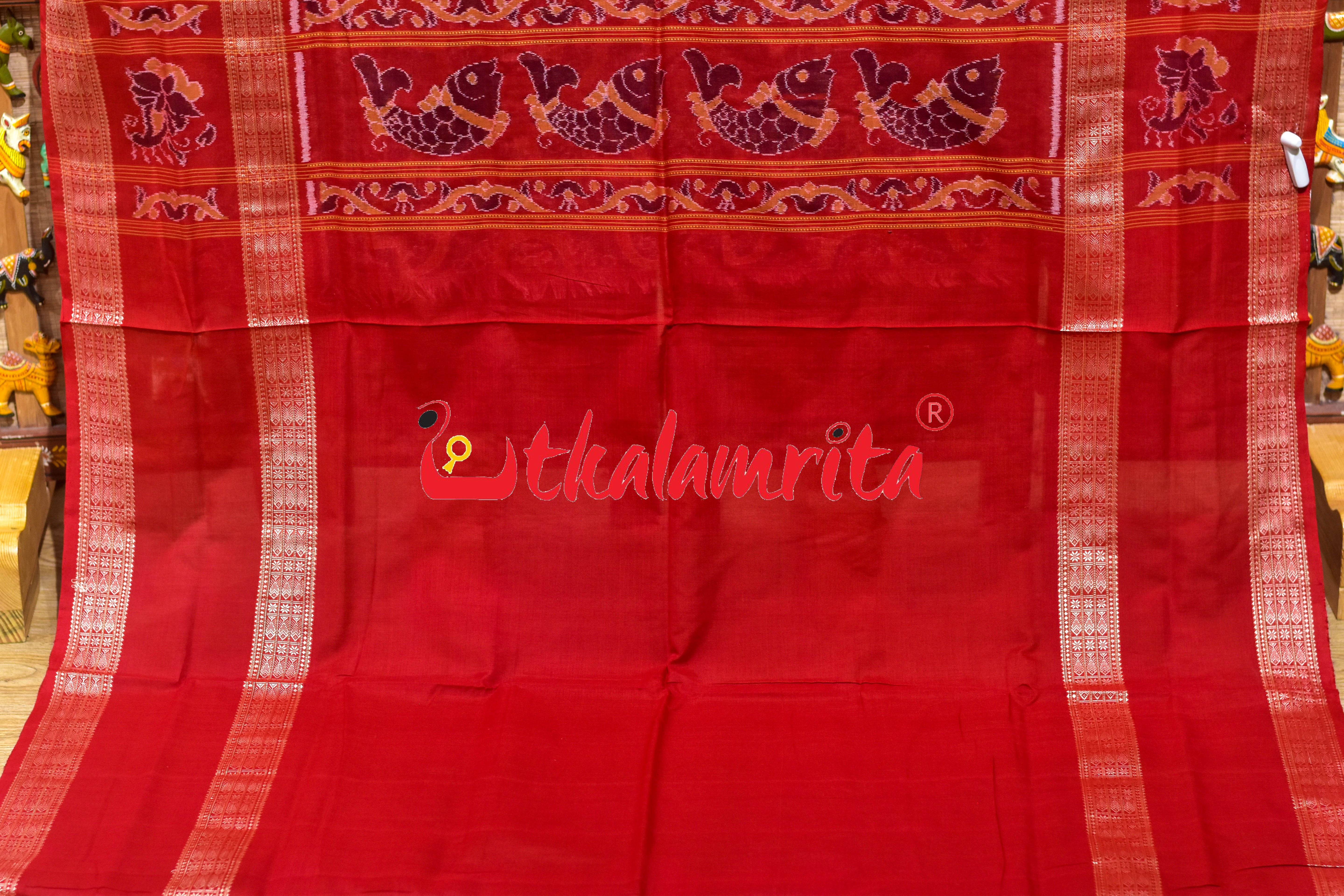 Grey Red Phula Jhoti Sambalpuri Cotton Saree