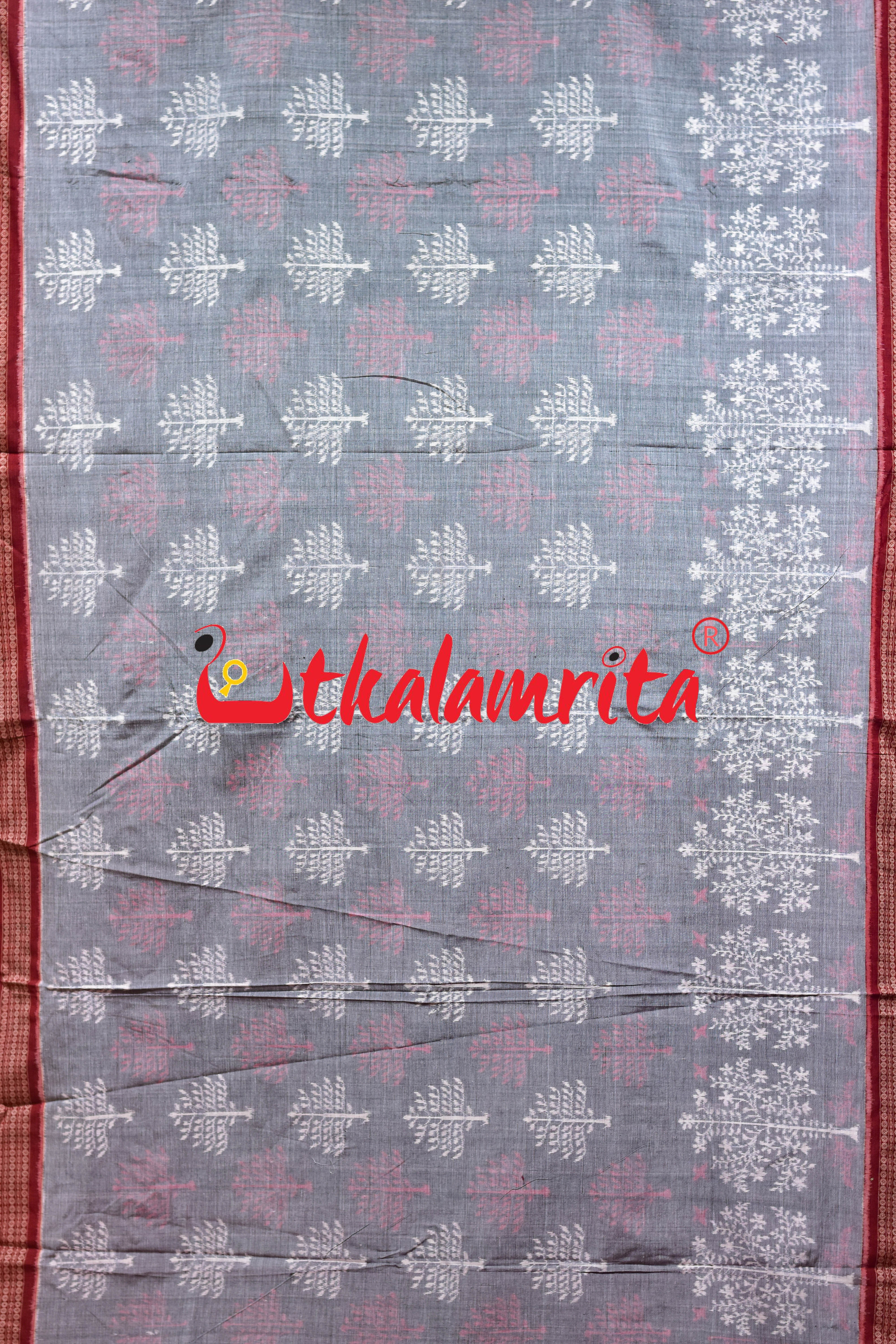 Grey Maroon Tree of Life Sambalpuri Cotton Saree