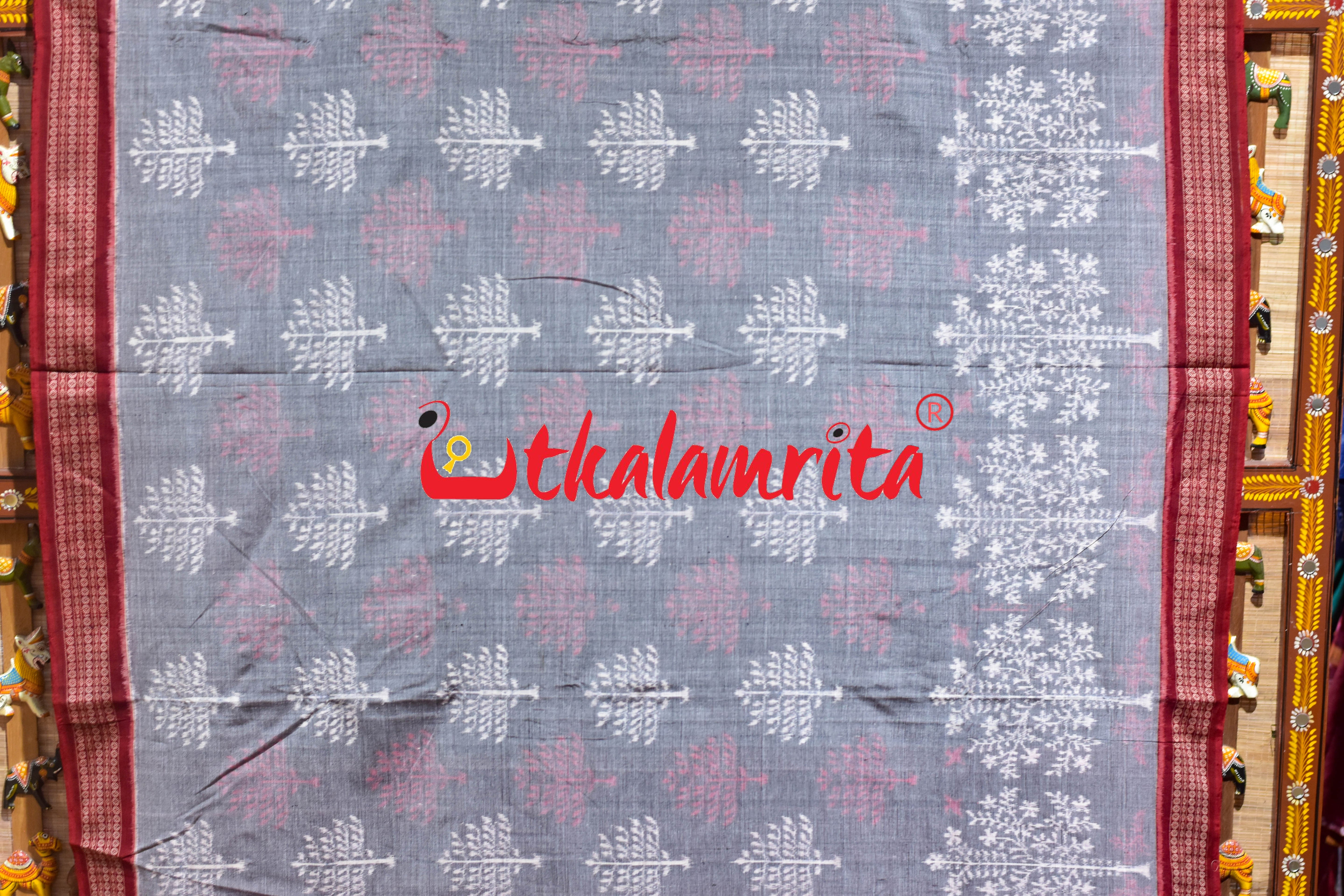 Grey Maroon Tree of Life Sambalpuri Cotton Saree