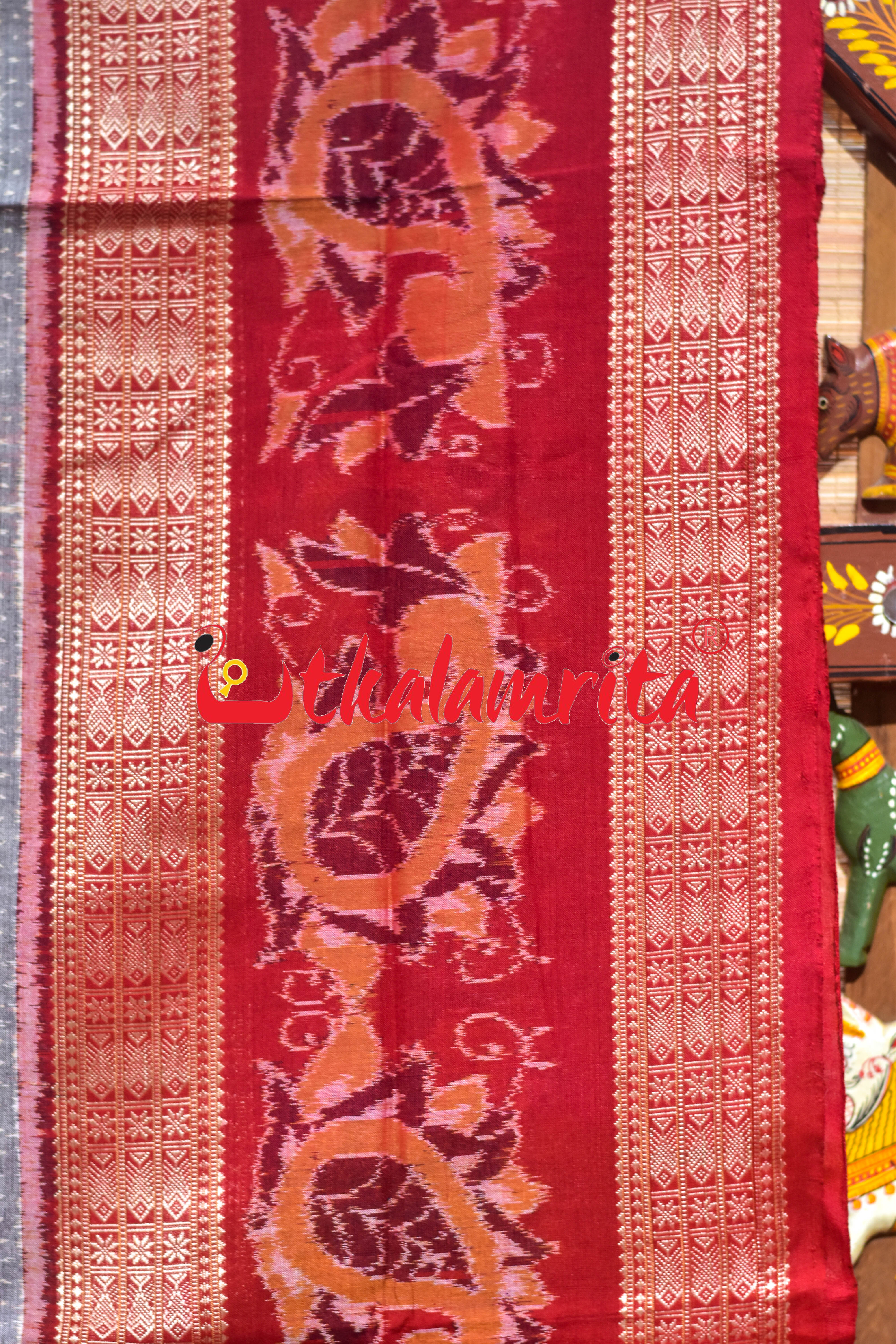 Grey Red Phula Jhoti Sambalpuri Cotton Saree