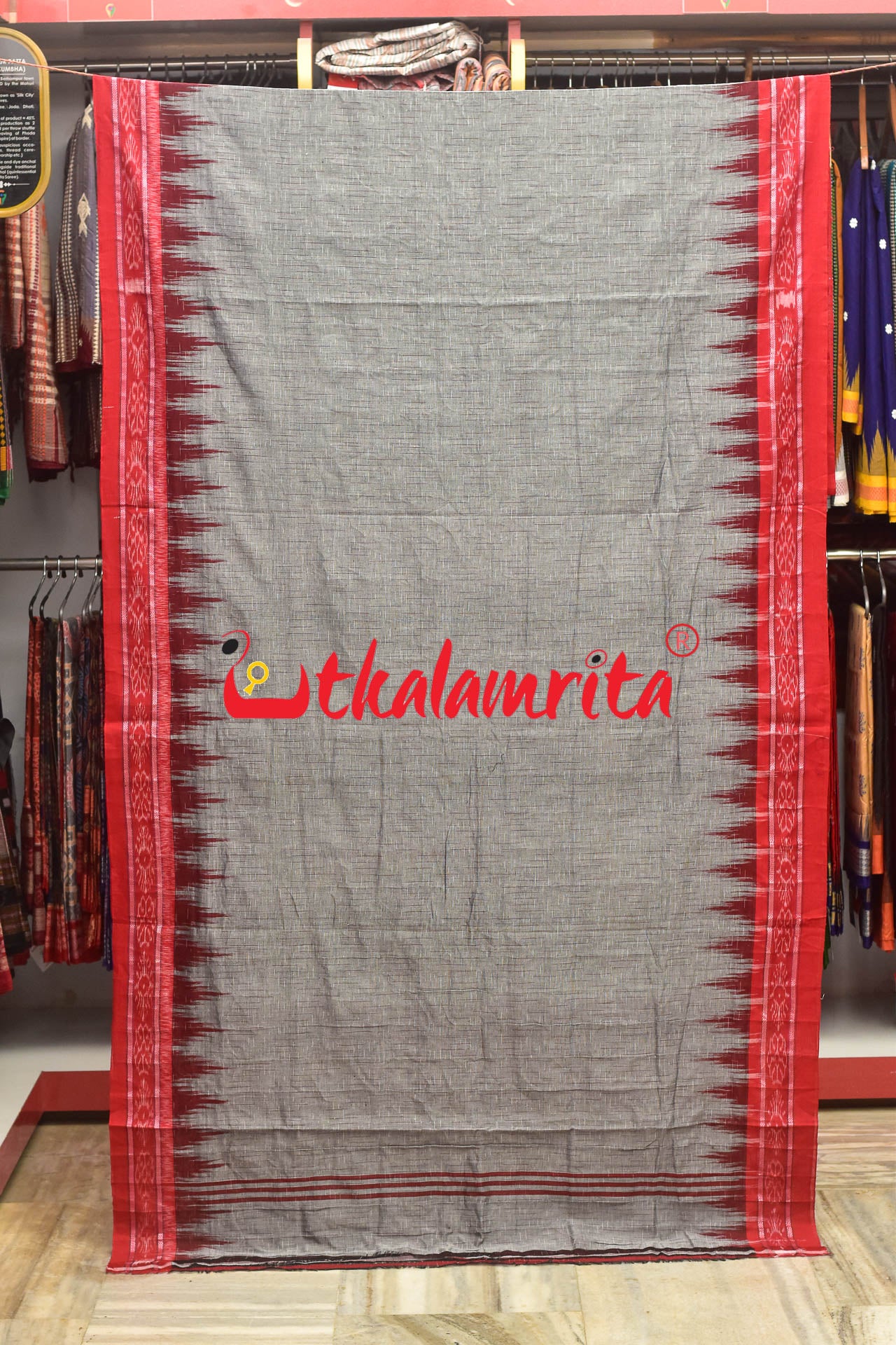 Grey Red Jharana Cotton Saree