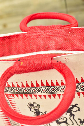 Red Tribals Dancing Big Jute Bag