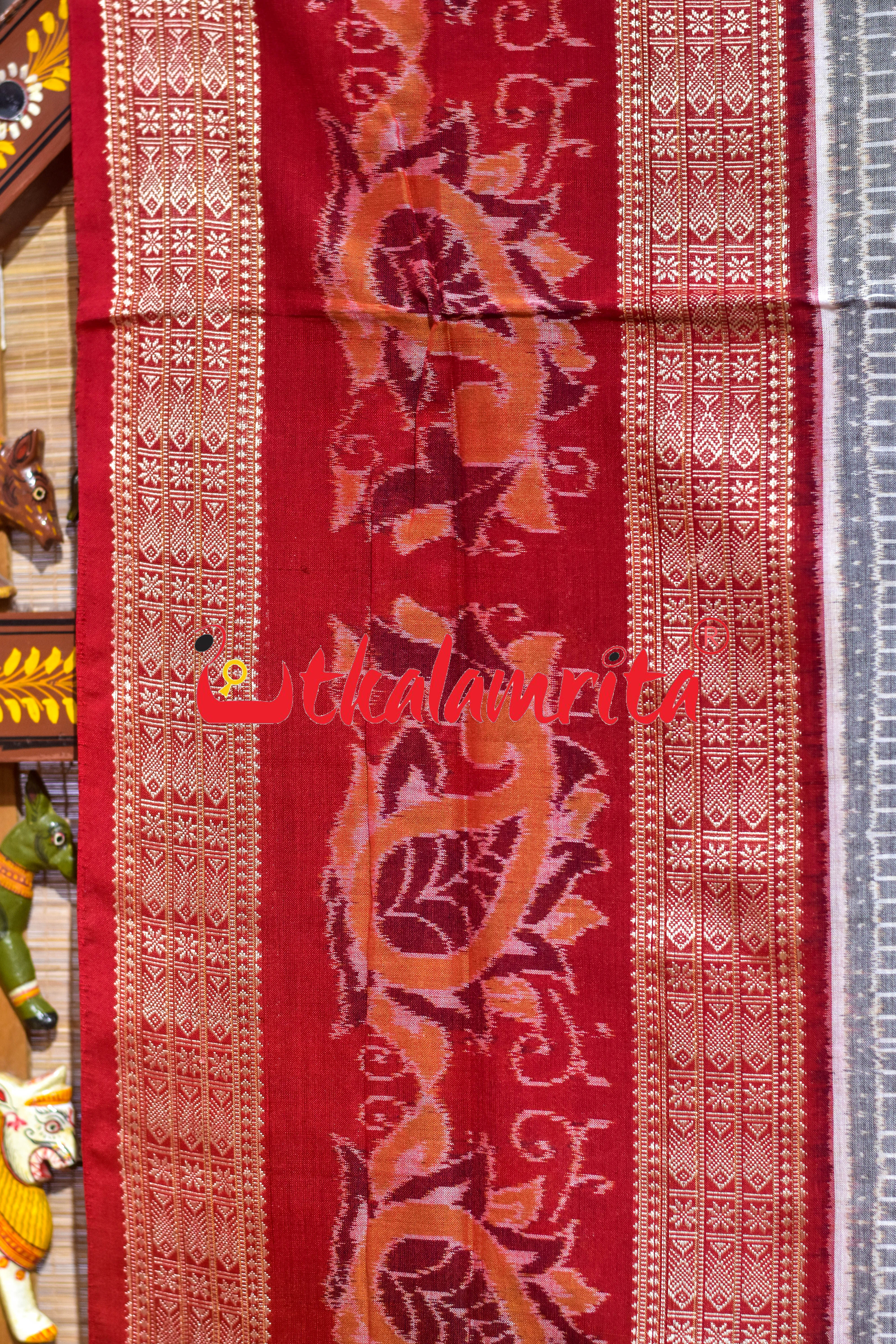 Grey Red Phula Jhoti Sambalpuri Cotton Saree