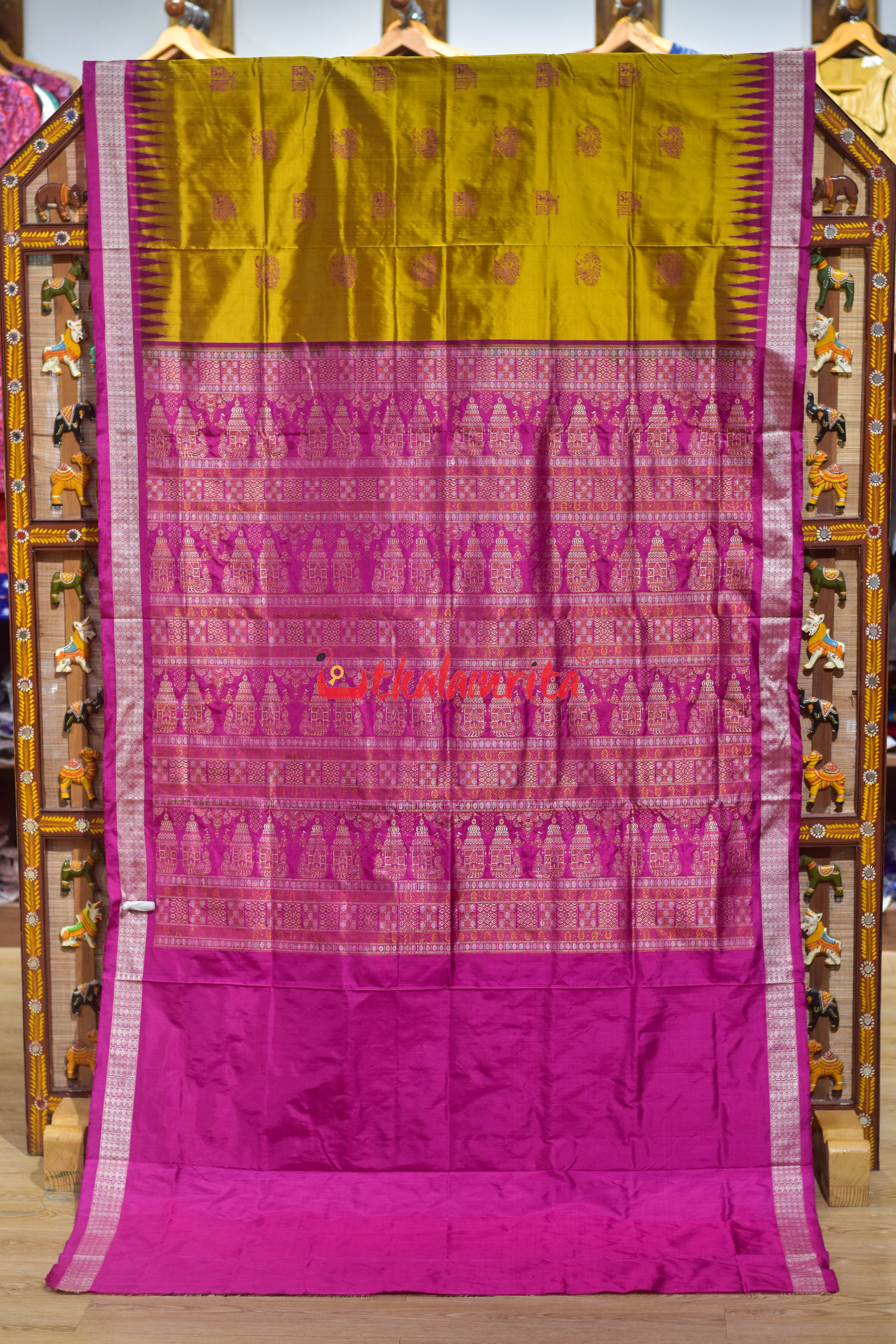 Lemon Yellow Copper Sulphate Ghara Baragachha Bomkai Silk Saree