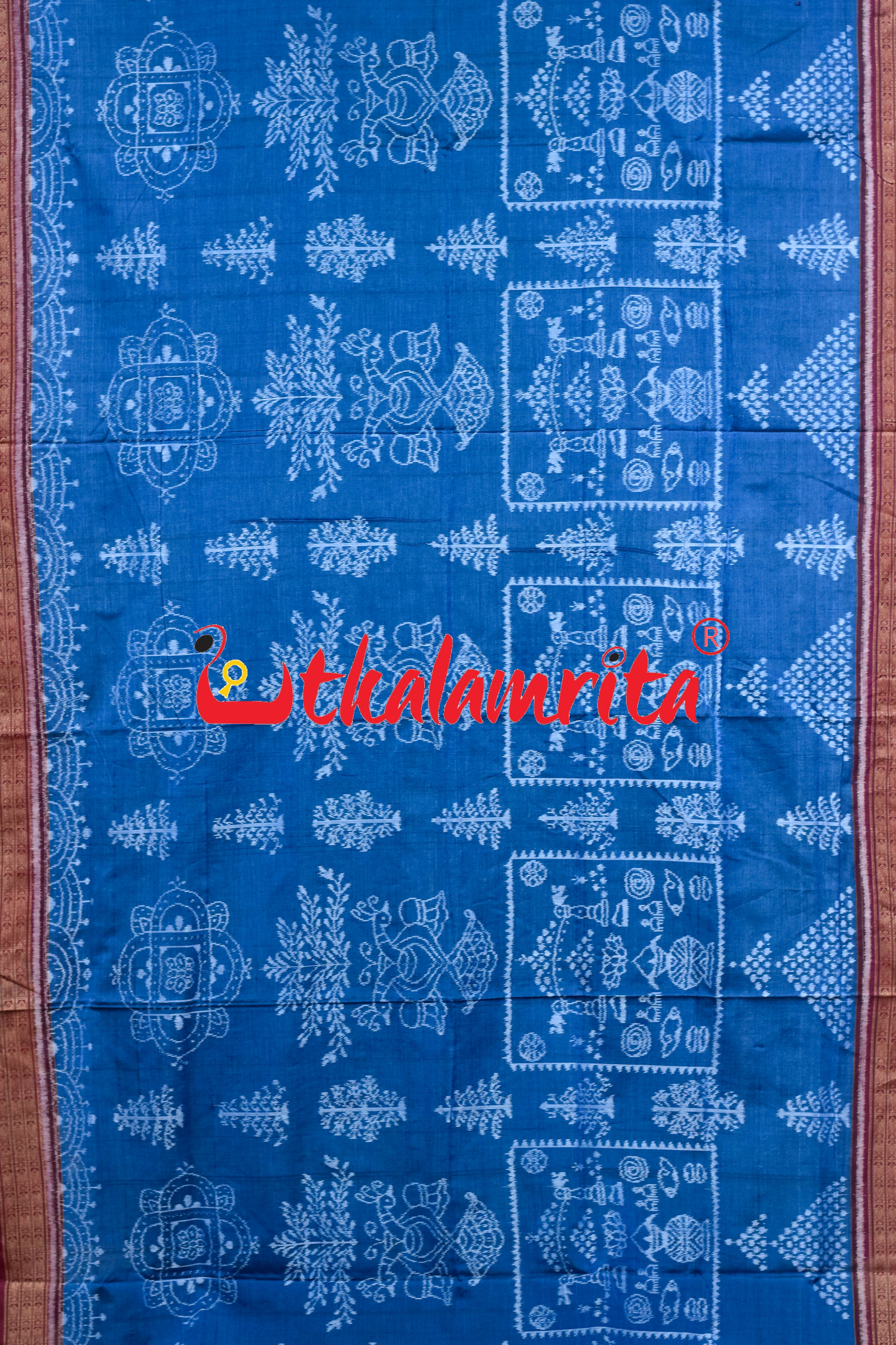 Mayura Kalasa Tree of Life Blue Maroon Sambalpuri Cotton Saree