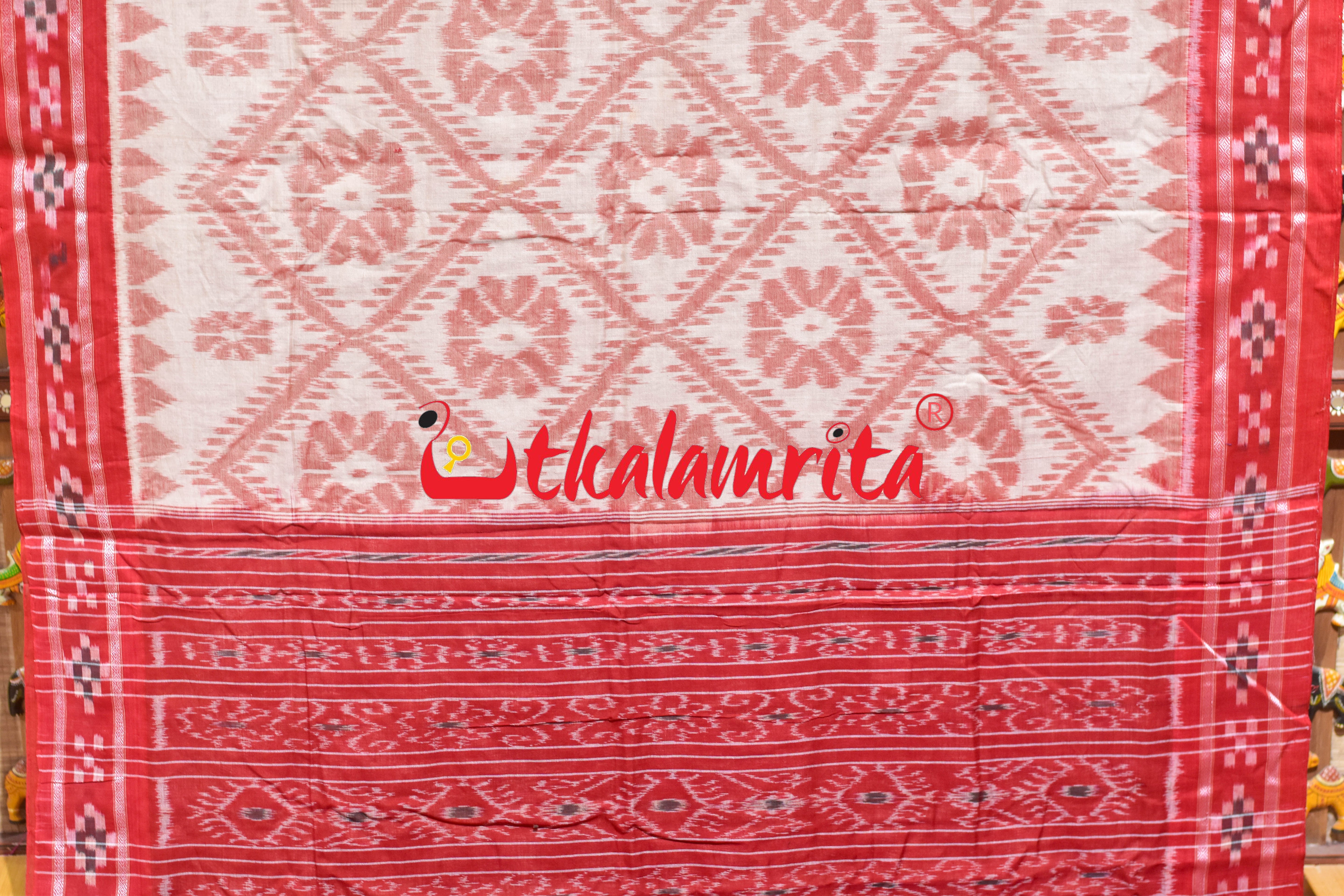 Off White Red Bada Phula Khandua Cotton Saree