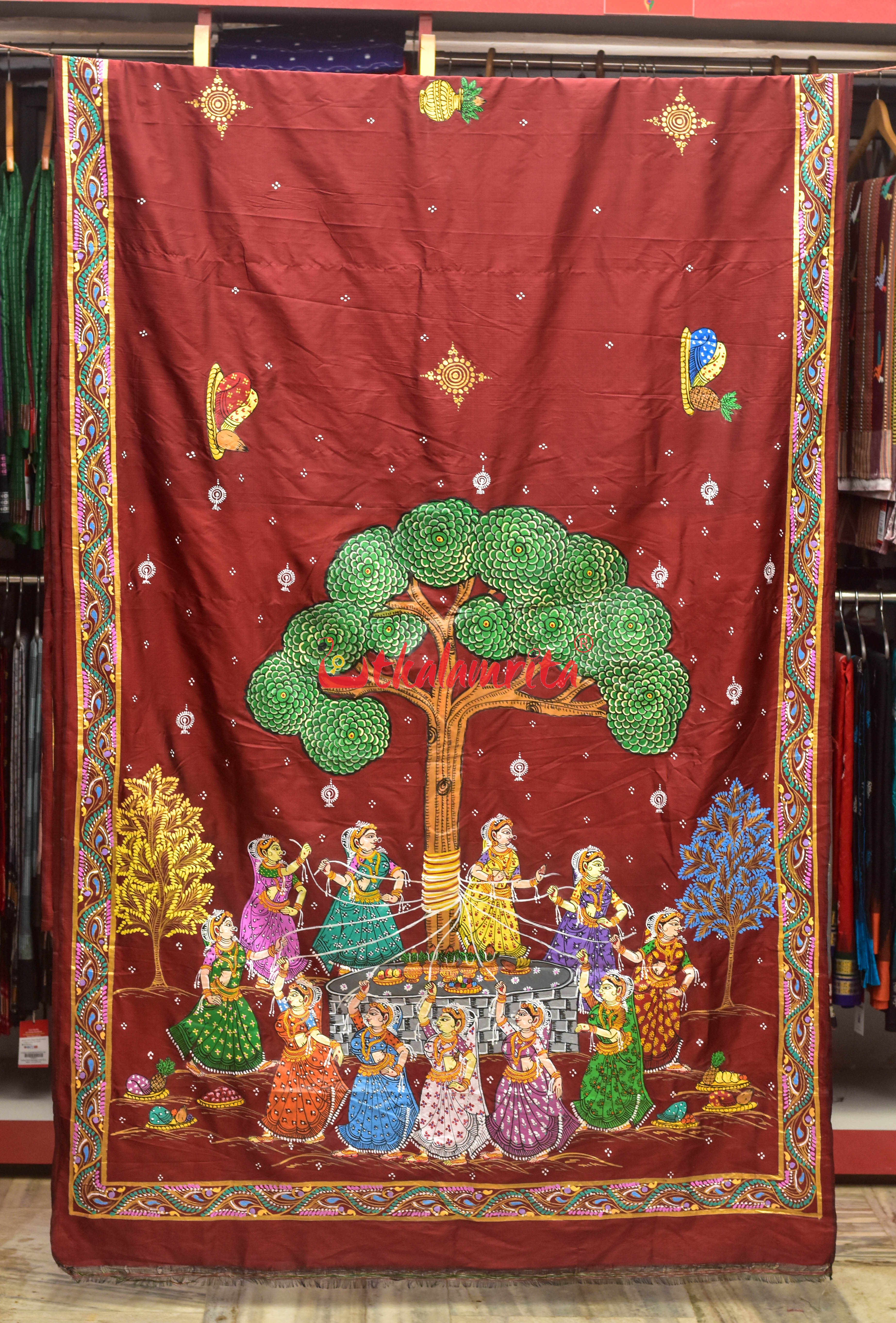 Maroon Batta Sabitri Theme Pattachitra Silk Saree