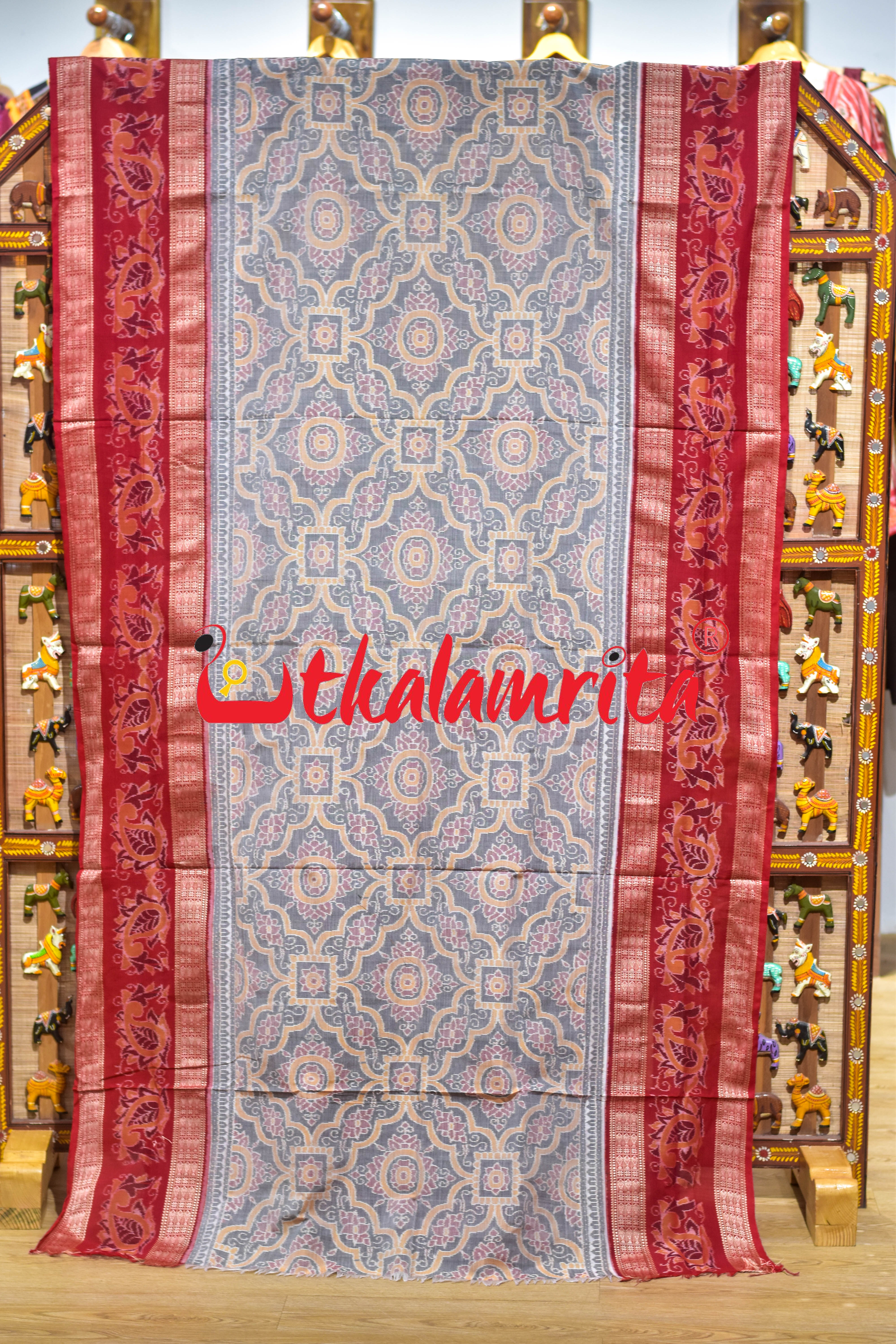 Grey Red Phula Jhoti Sambalpuri Cotton Saree