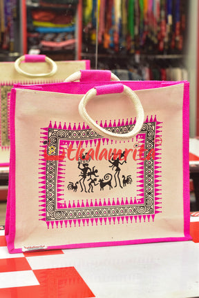 Pink Tribals Dancing Big Jute Bag