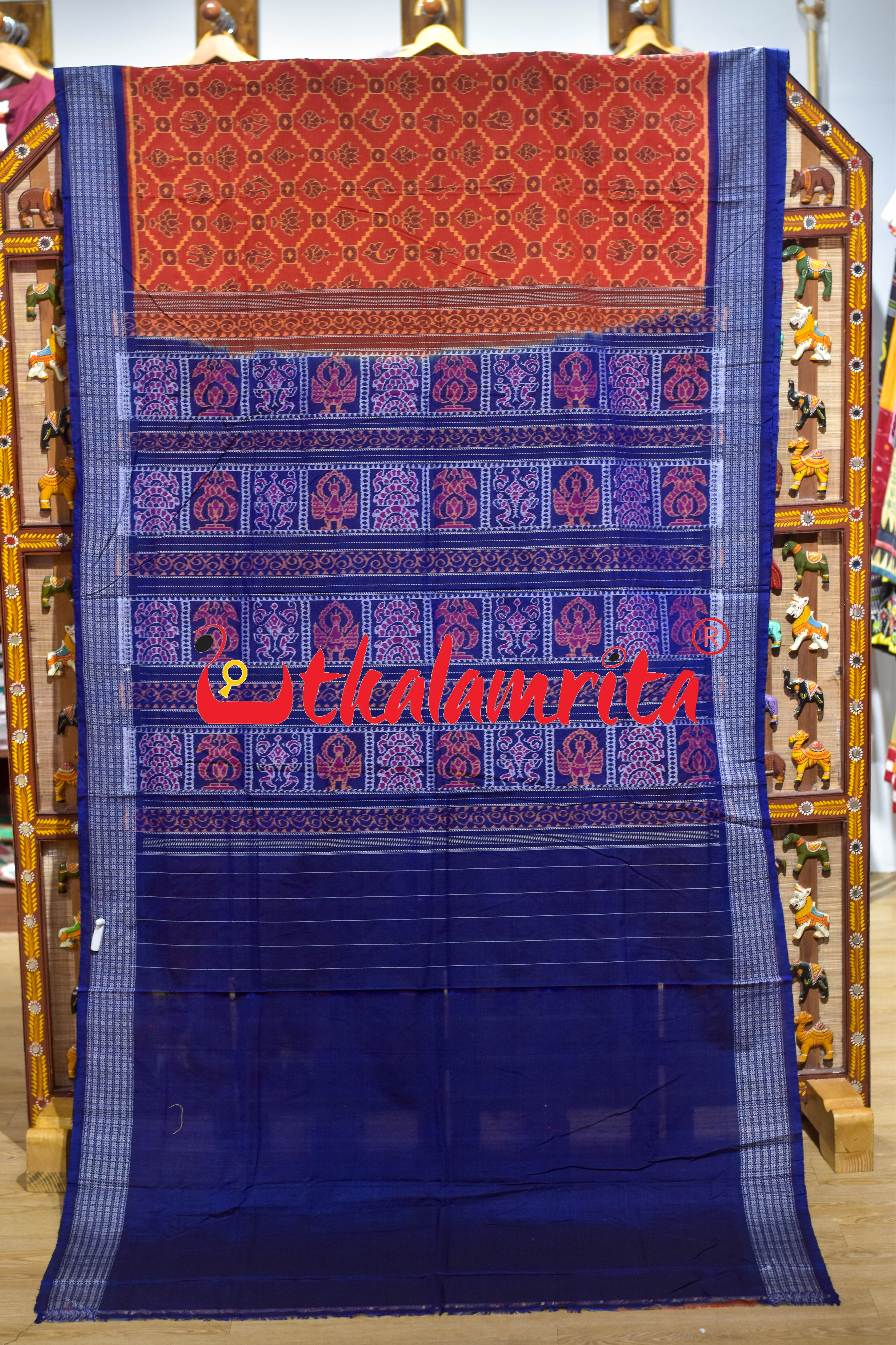 Sankha Chakra Rust Yellow Blue Sambalpuri Cotton Saree