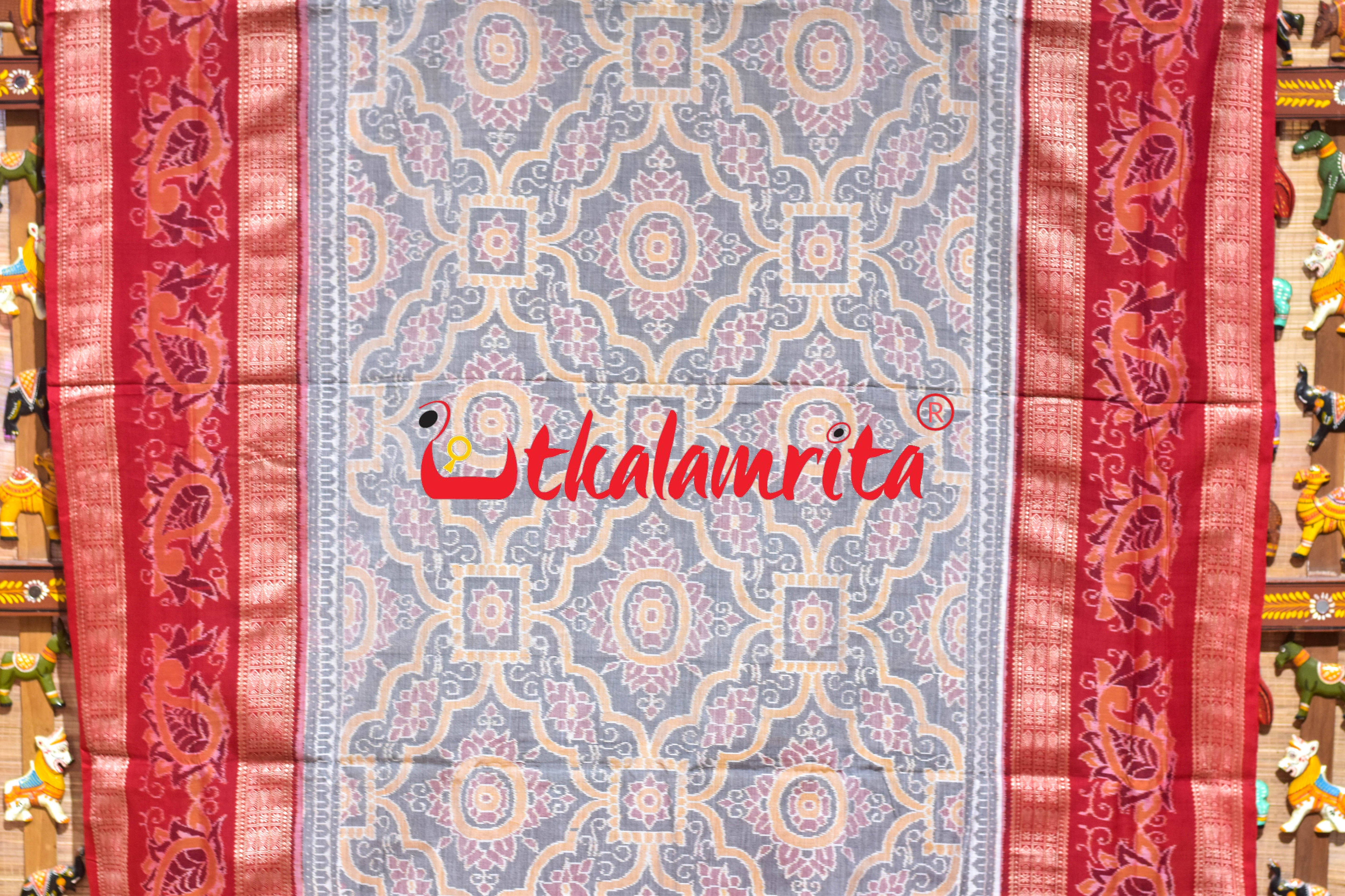 Grey Red Phula Jhoti Sambalpuri Cotton Saree