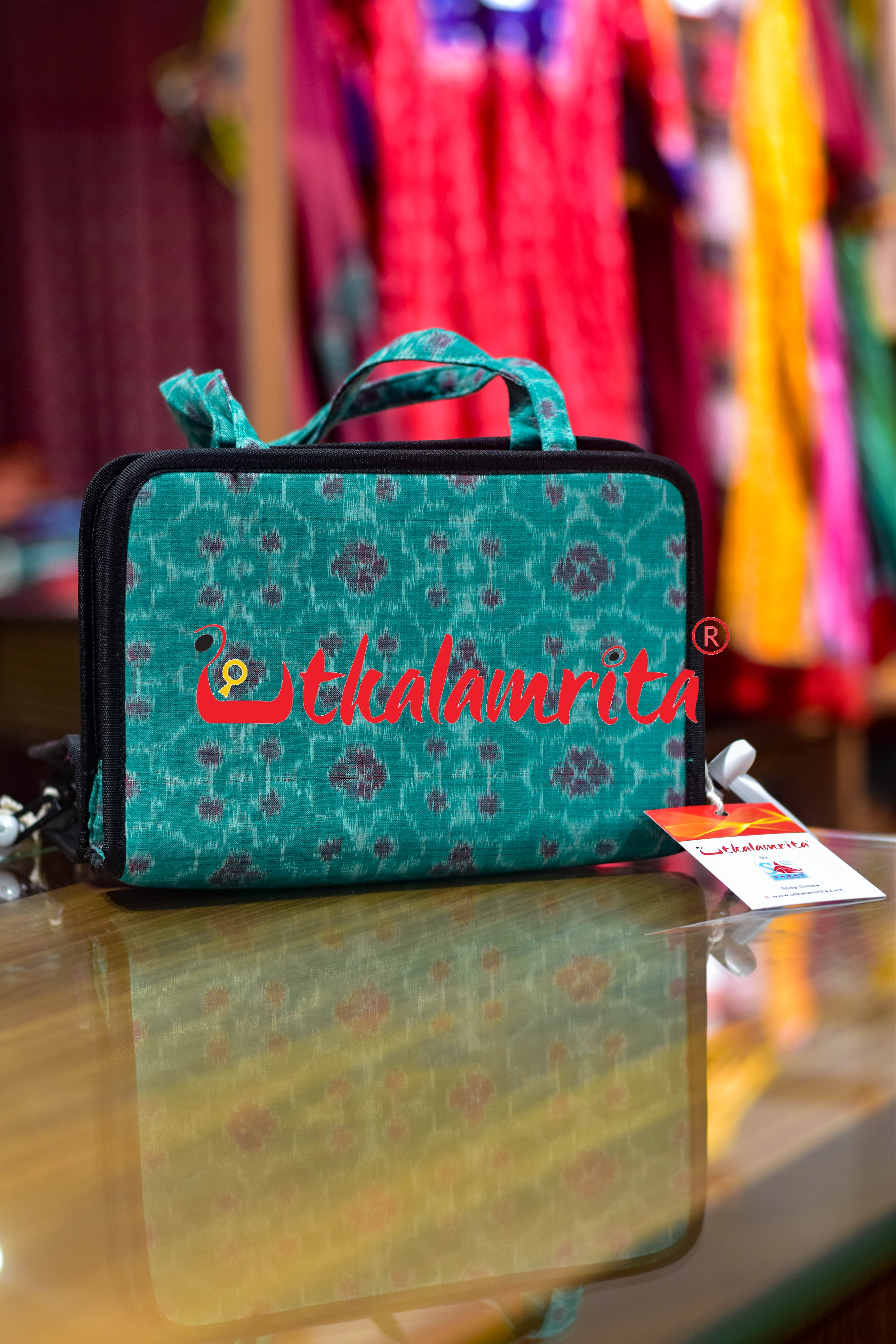 Sea Green Red Flower Square Hand Bag