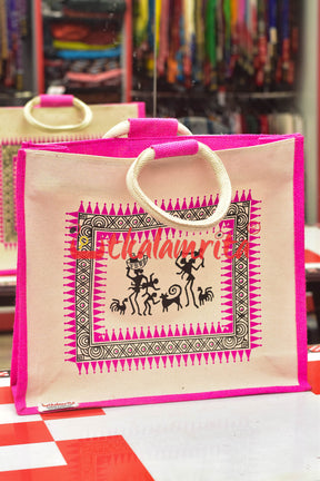 Pink Tribals Dancing Big Jute Bag