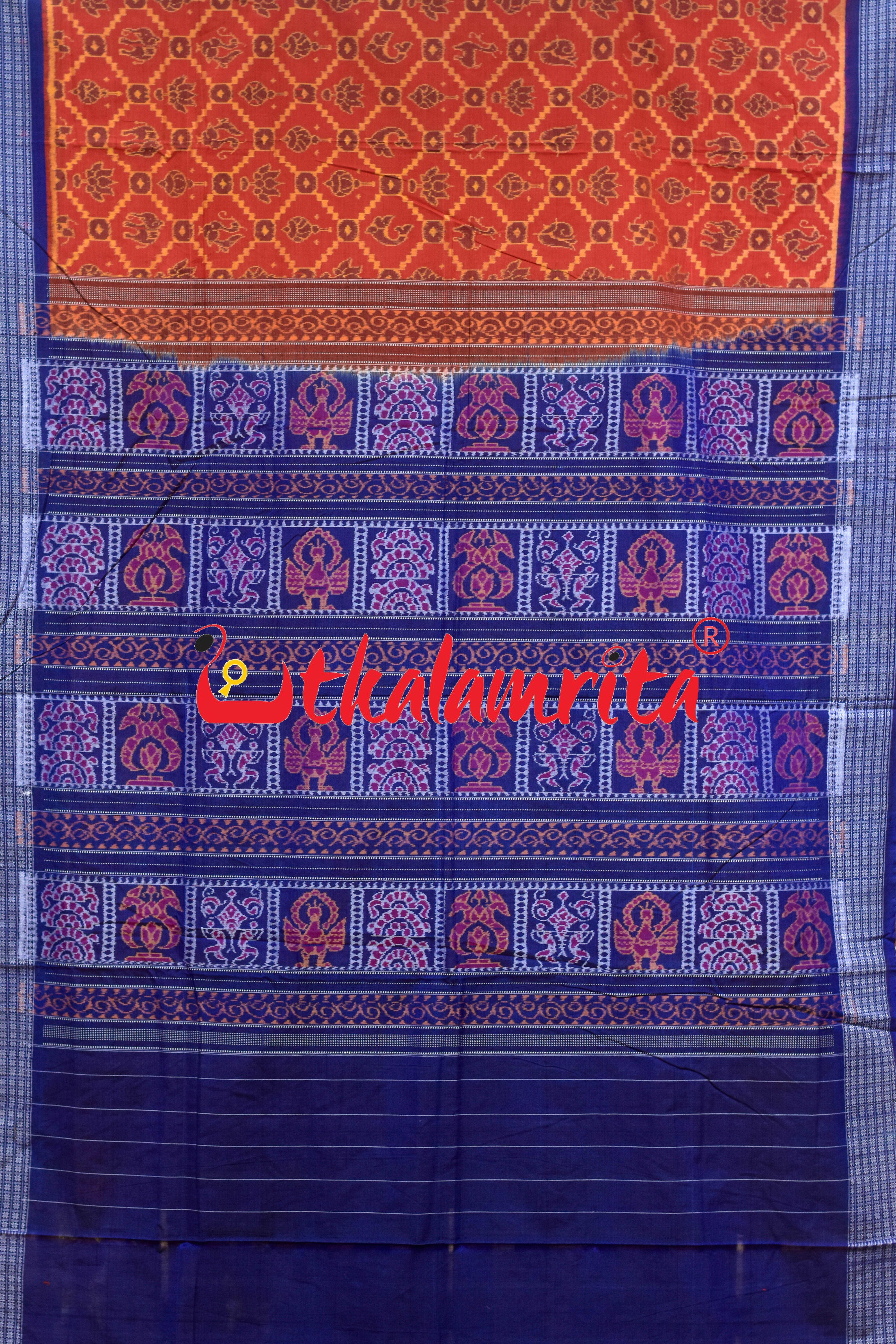 Sankha Chakra Rust Yellow Blue Sambalpuri Cotton Saree