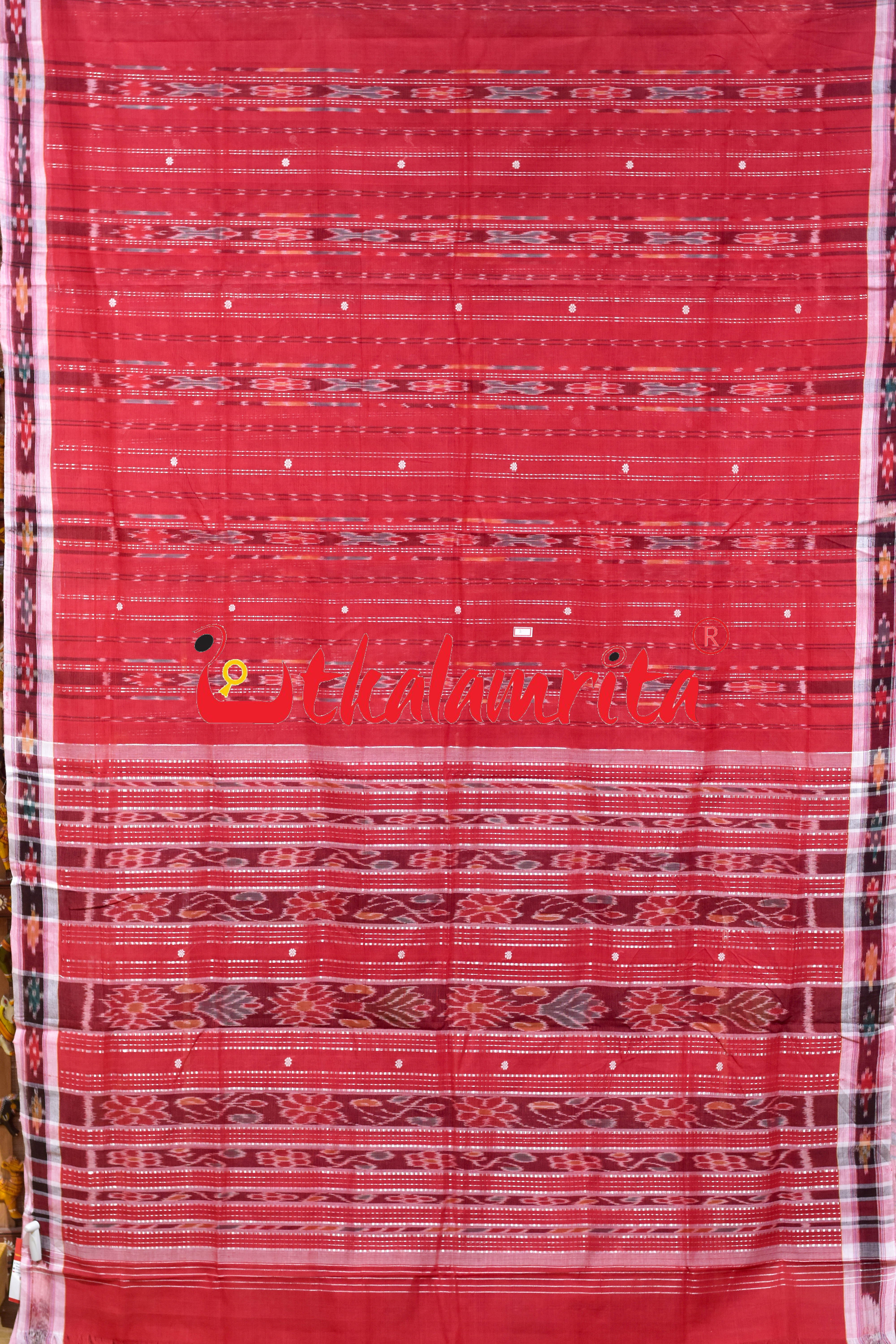 Red Fish Lines Pittala Single Cotton Saree
