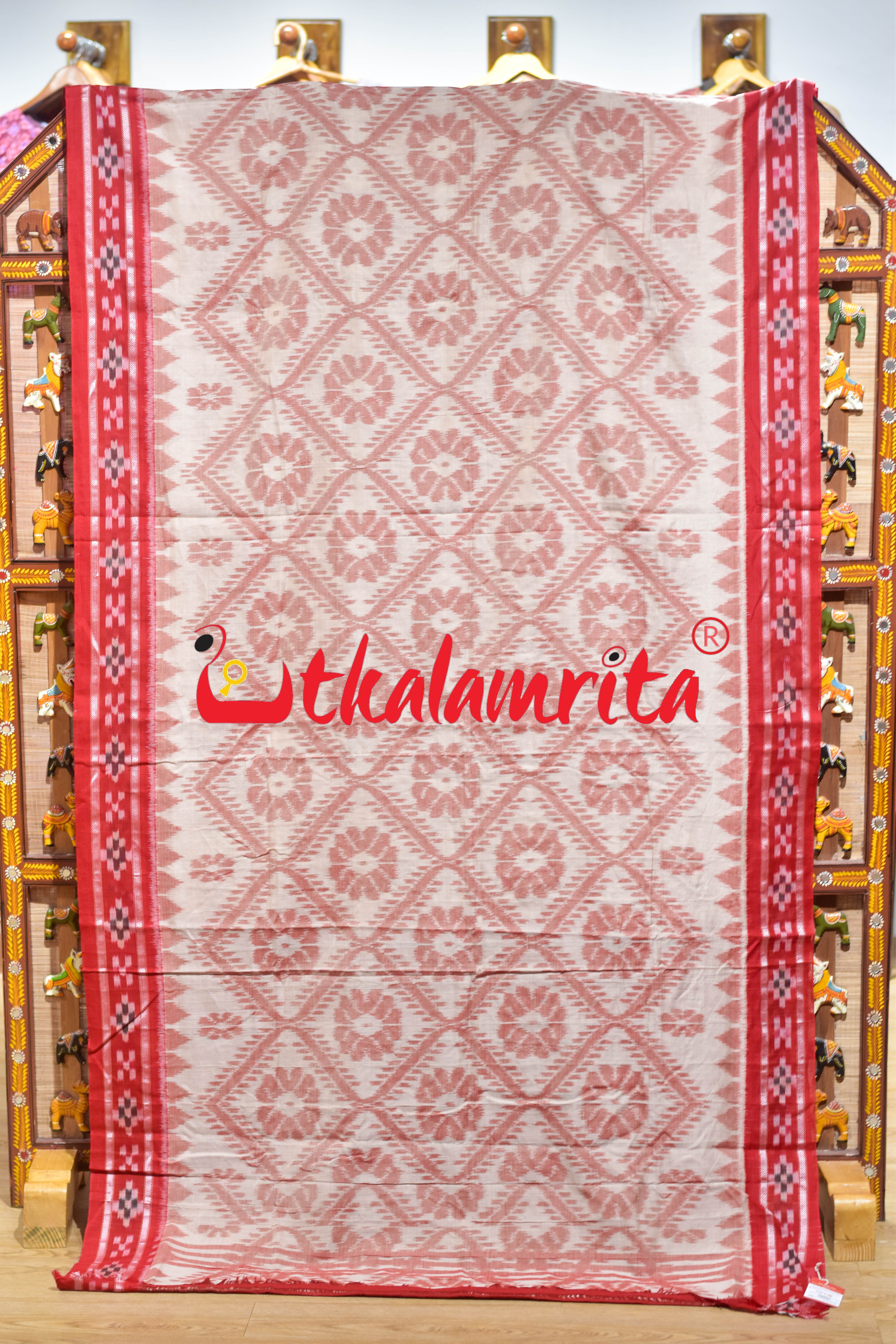 Off White Red Bada Phula Khandua Cotton Saree