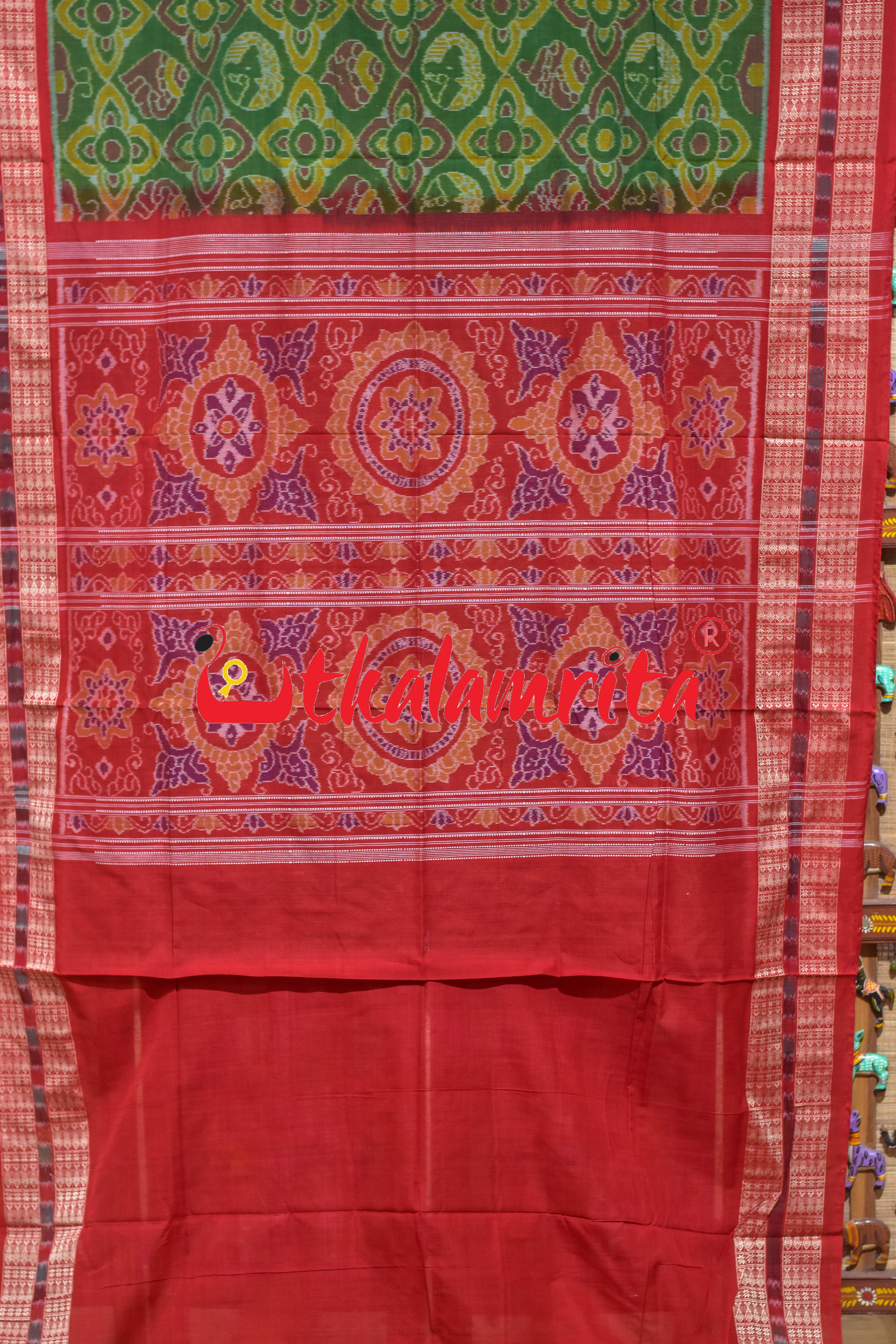 Mehndi Red Round Machha Sambalpuri Cotton Saree