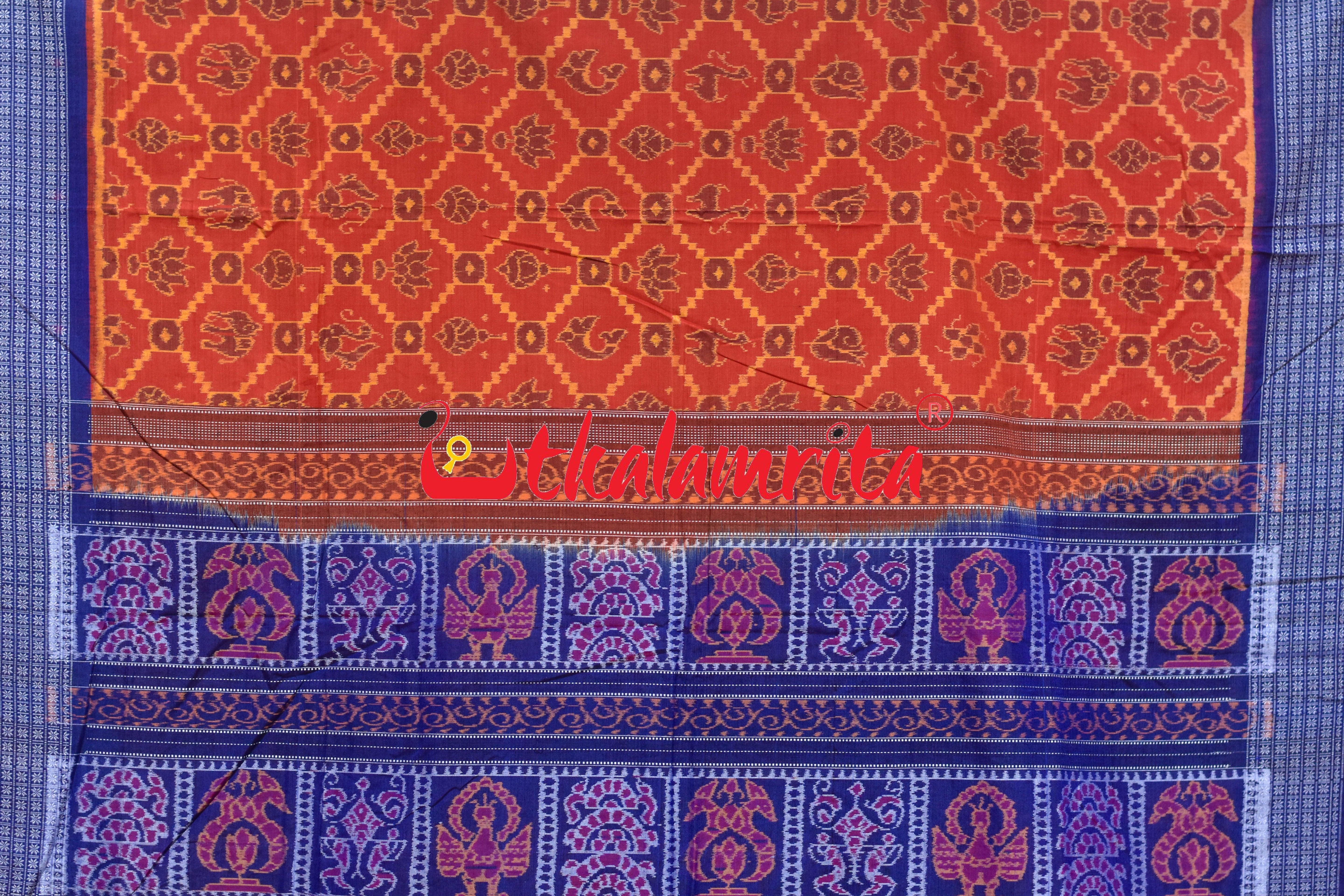 Sankha Chakra Rust Yellow Blue Sambalpuri Cotton Saree