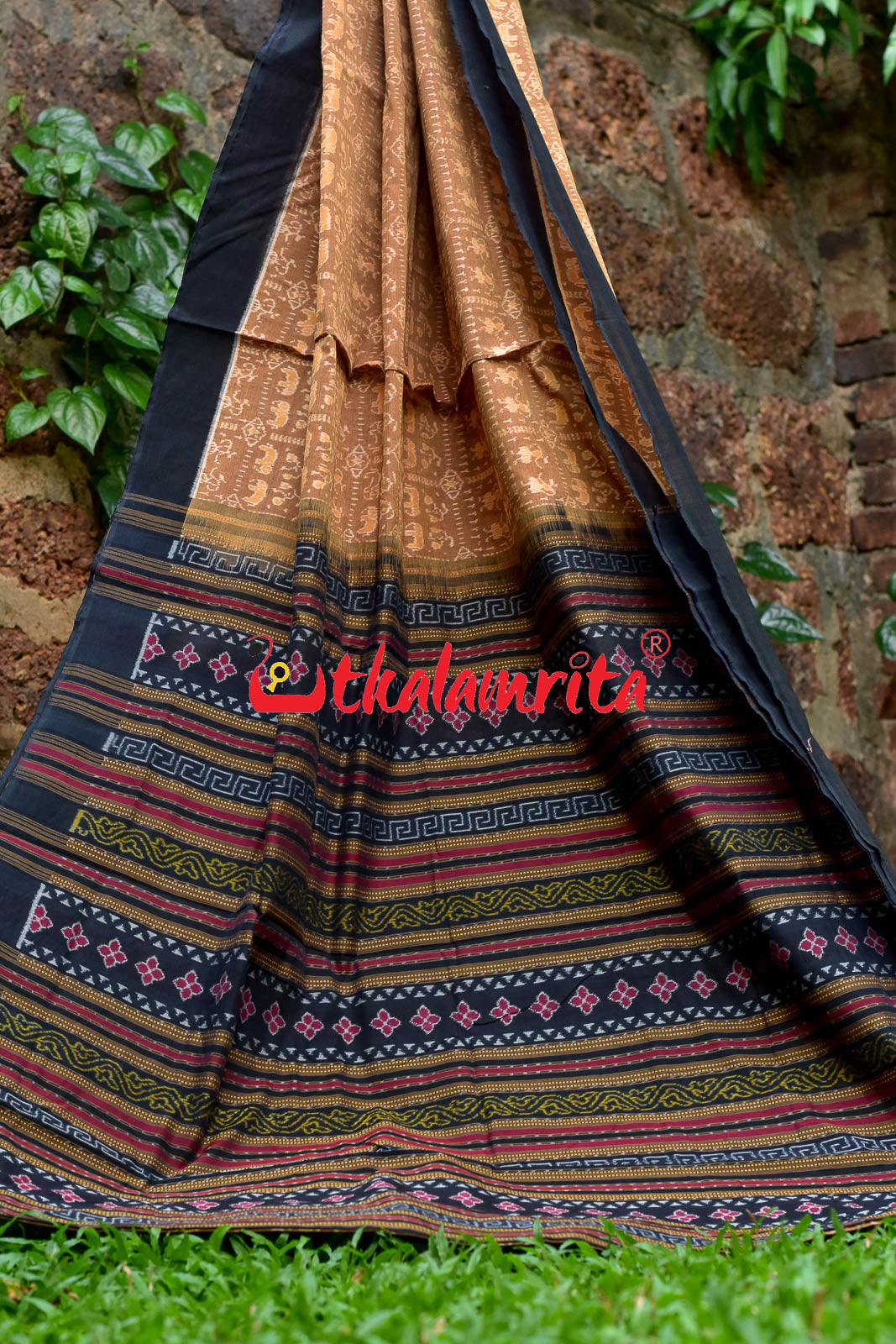 Hathi Design Light Brown Sambalpuri Cotton Saree