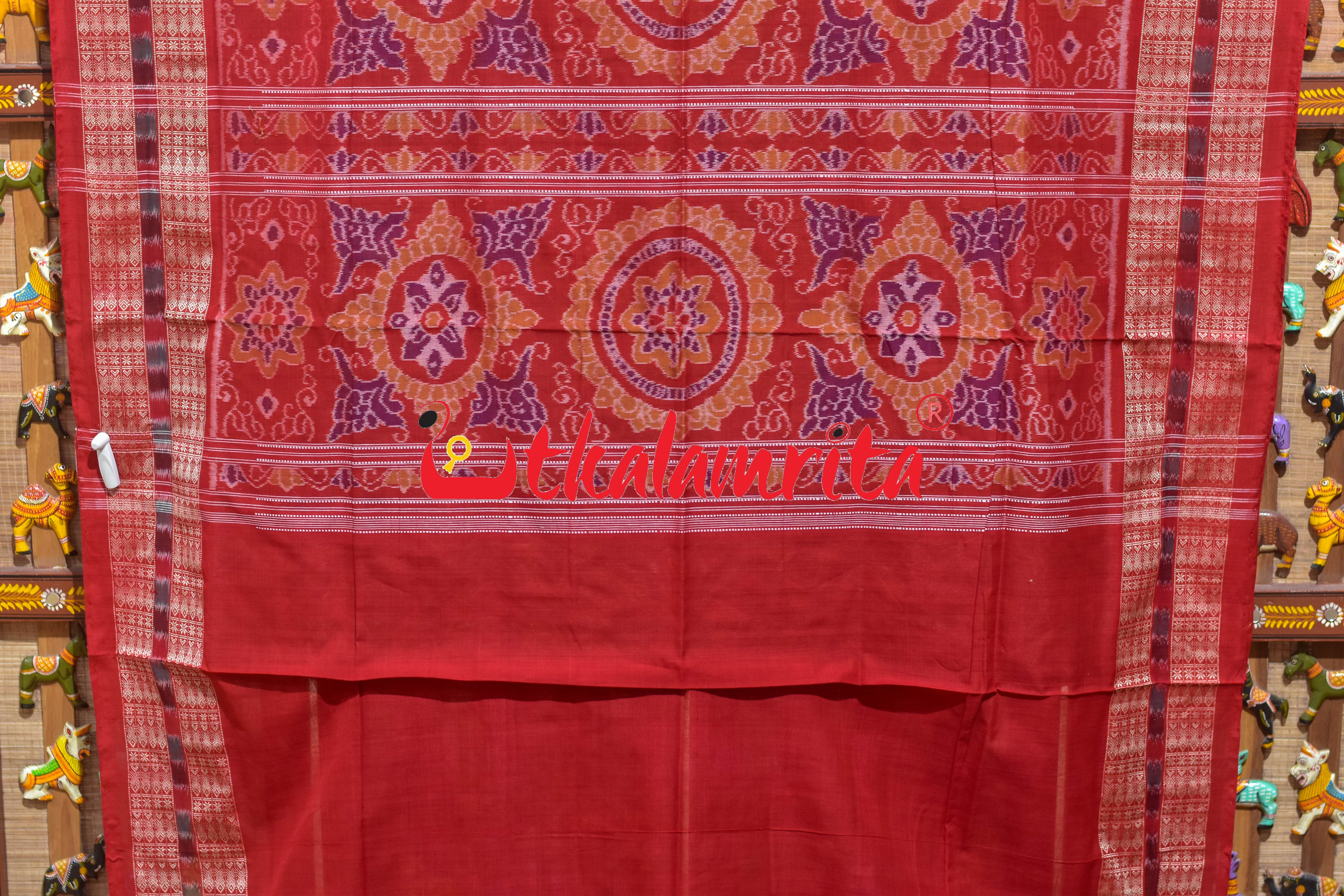 Mehndi Red Round Machha Sambalpuri Cotton Saree