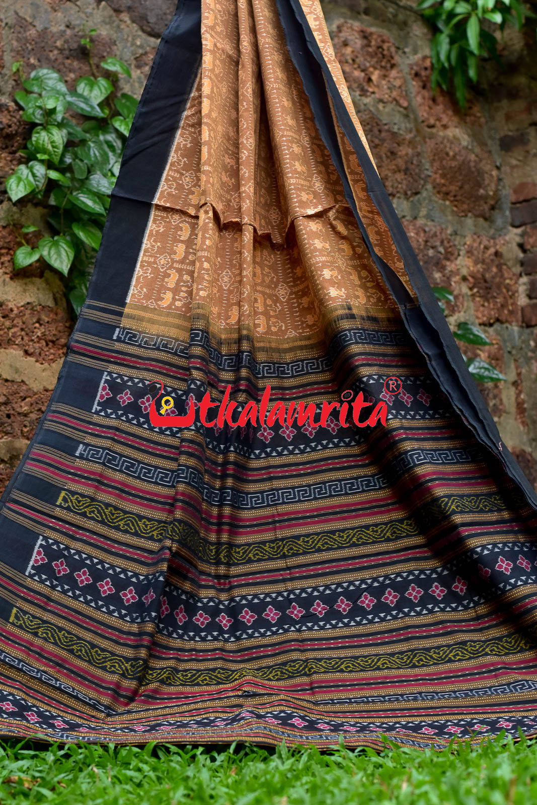 Hathi Design Light Brown Sambalpuri Cotton Saree