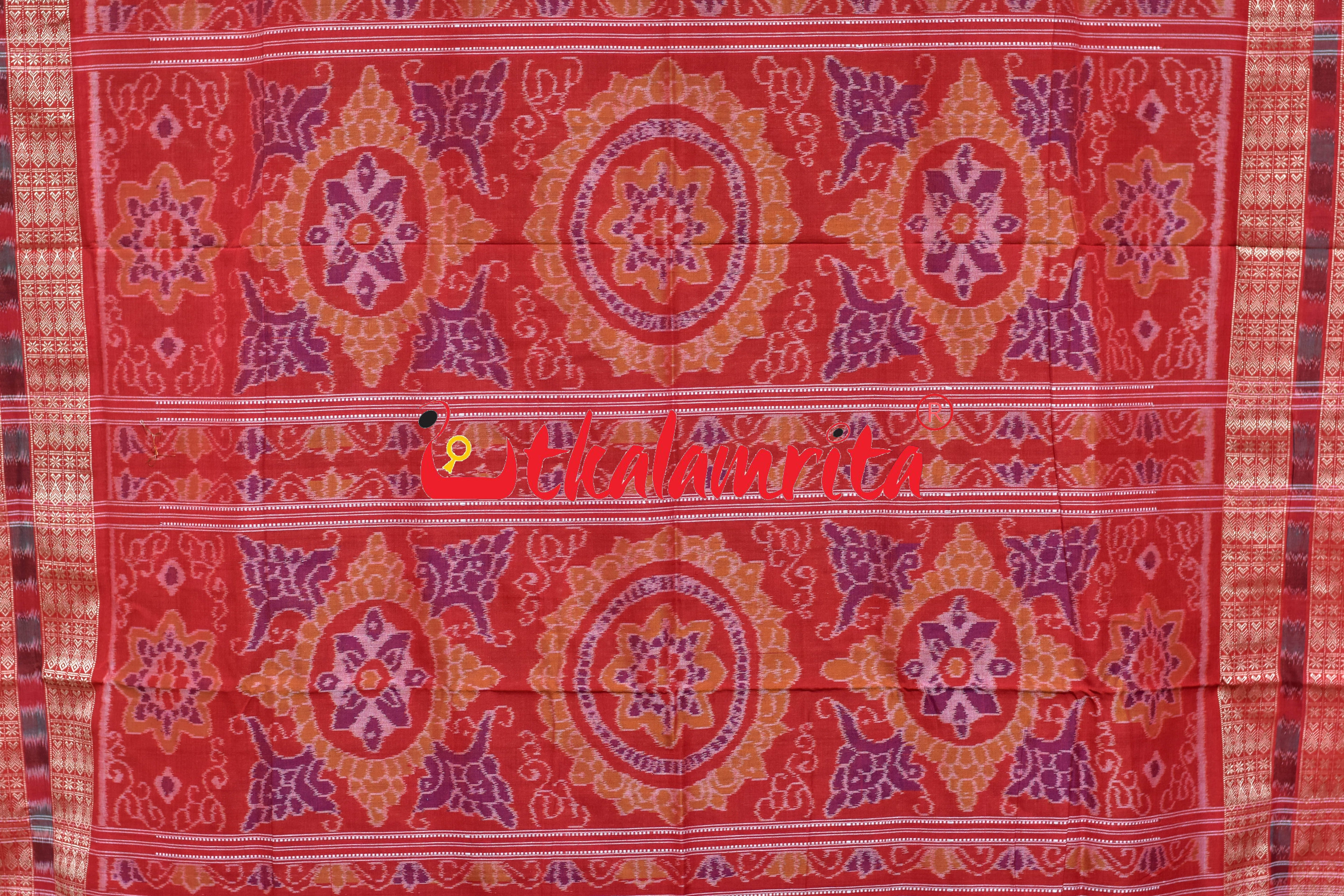 Mehndi Red Round Machha Sambalpuri Cotton Saree