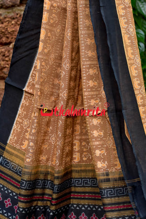 Hathi Design Light Brown Sambalpuri Cotton Saree