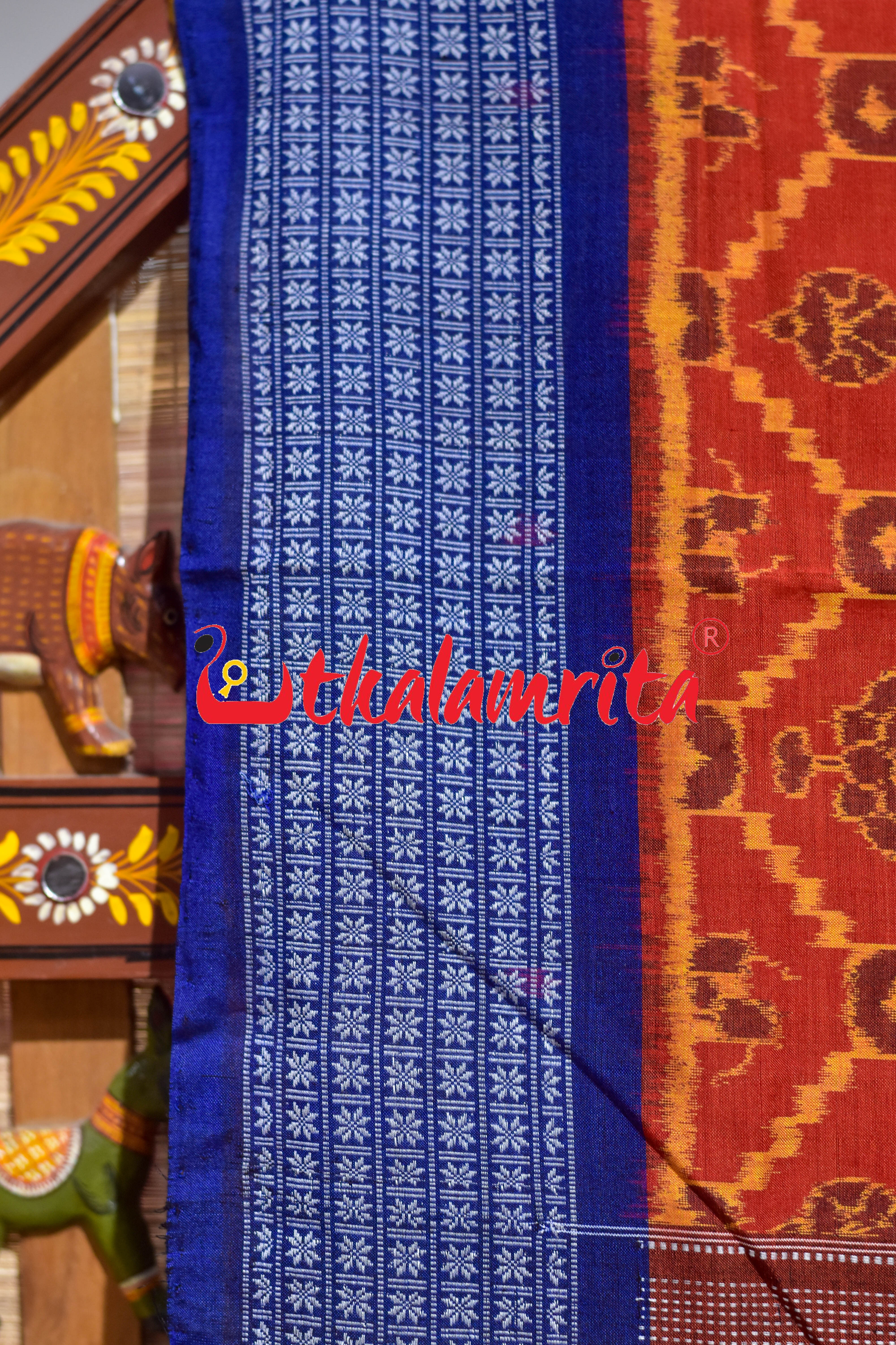 Sankha Chakra Rust Yellow Blue Sambalpuri Cotton Saree