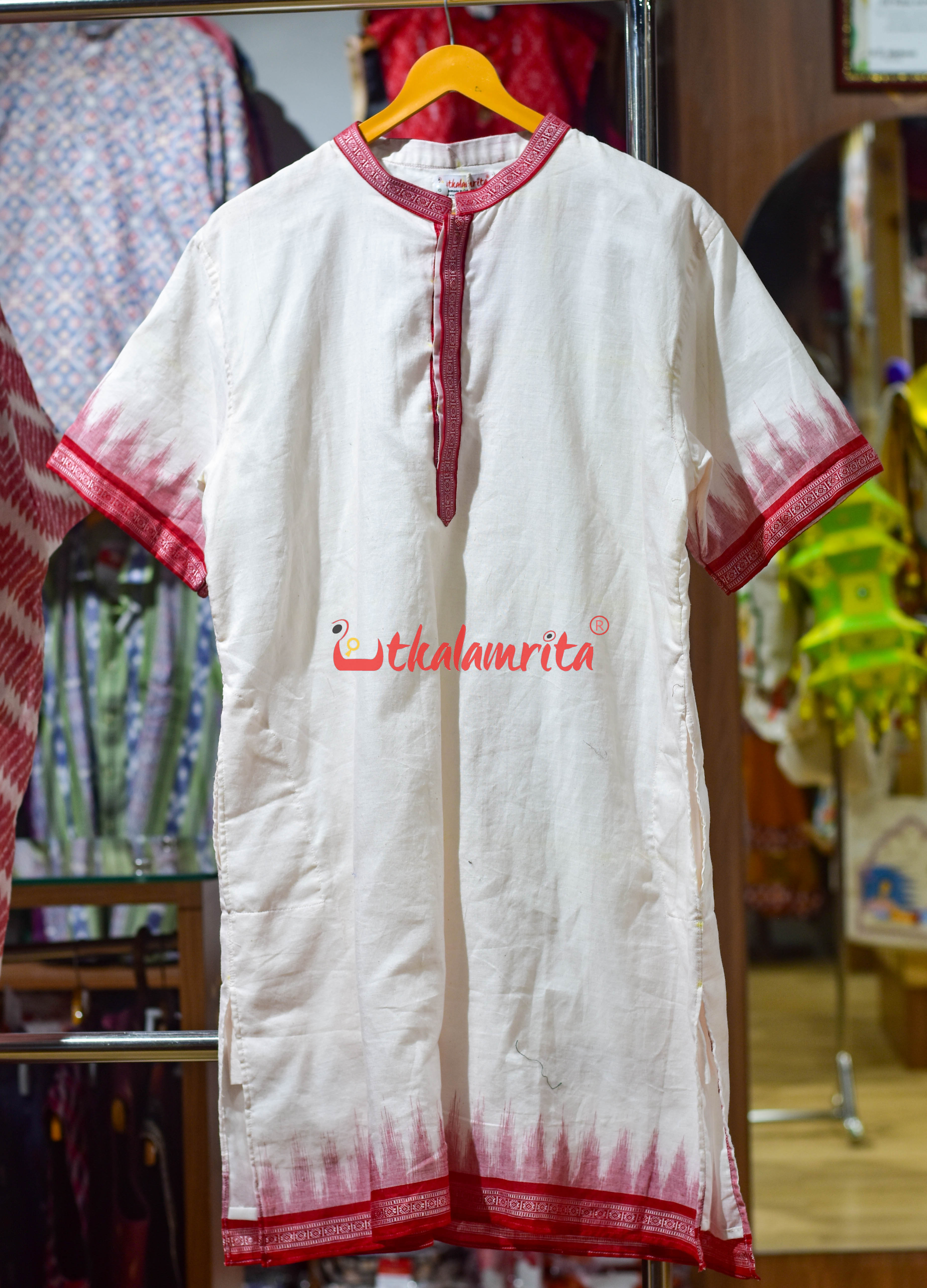 White Red (Men's Short Kurta)