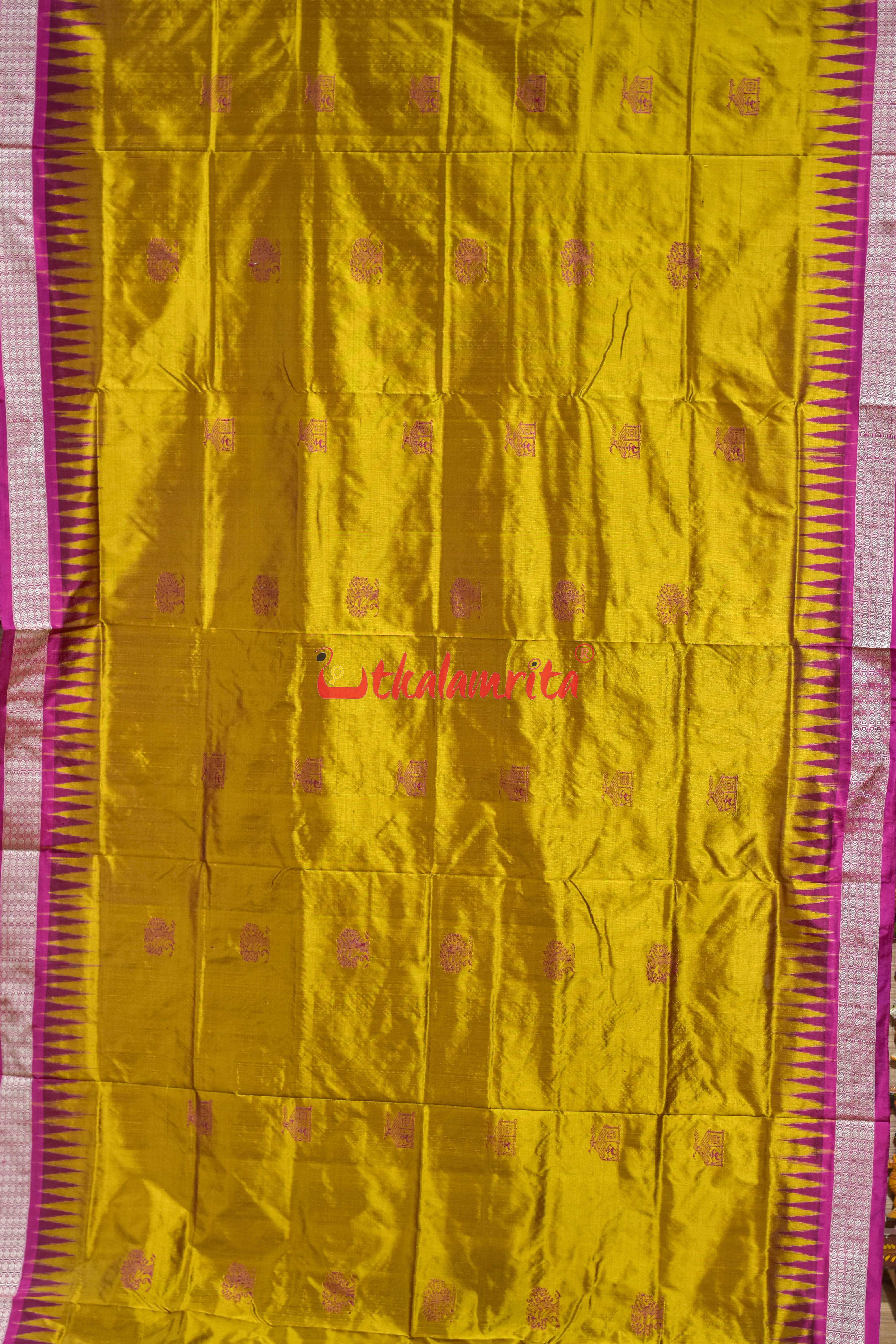 Lemon Yellow Copper Sulphate Ghara Baragachha Bomkai Silk Saree