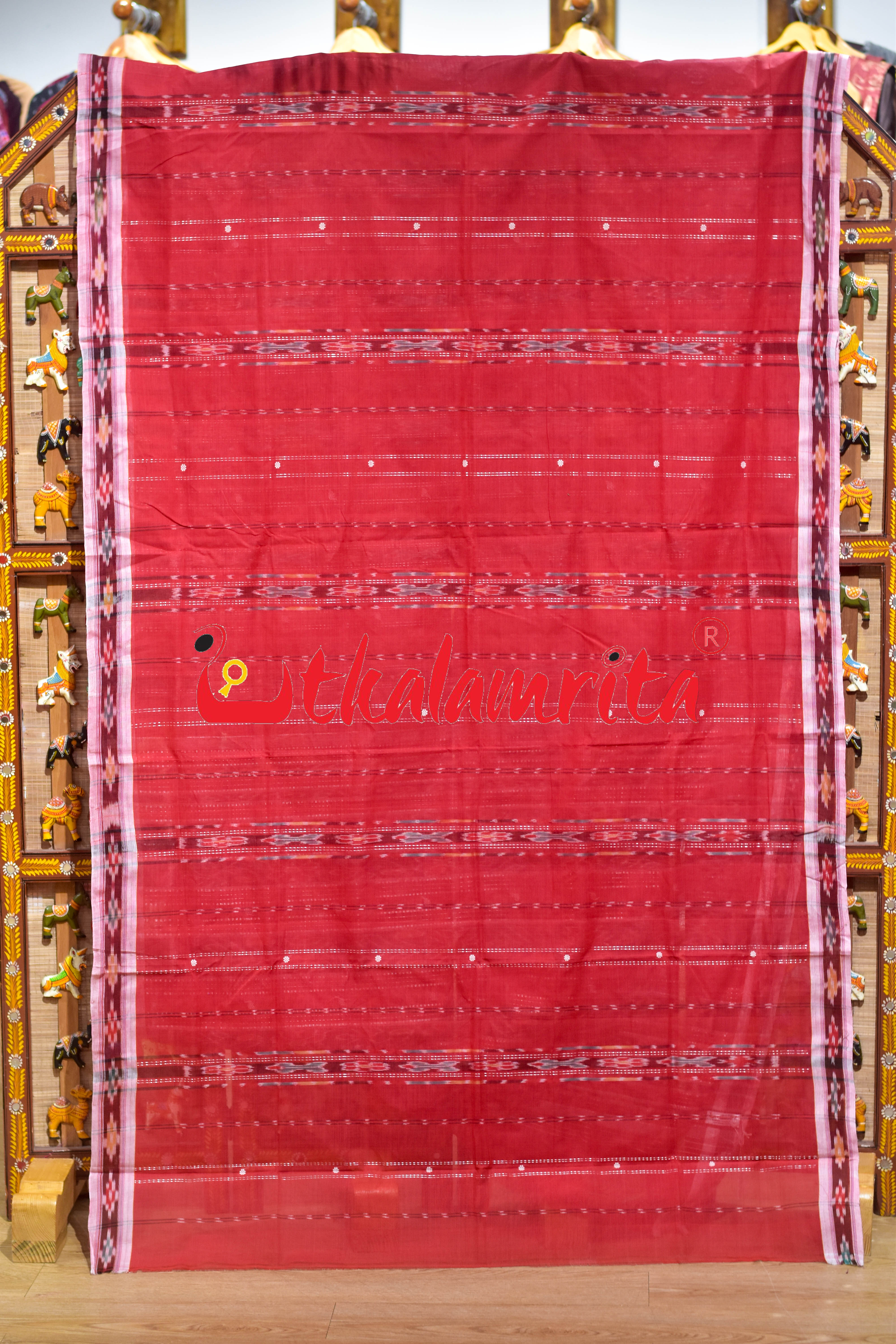 Red Fish Lines Pittala Single Cotton Saree