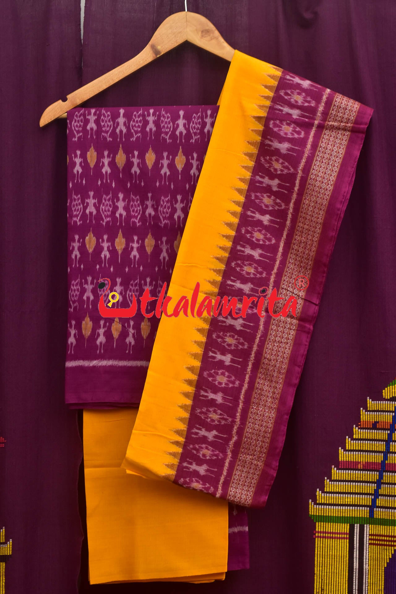 Magenta Yellow Standing Tribal Sambalpuri Dress Set