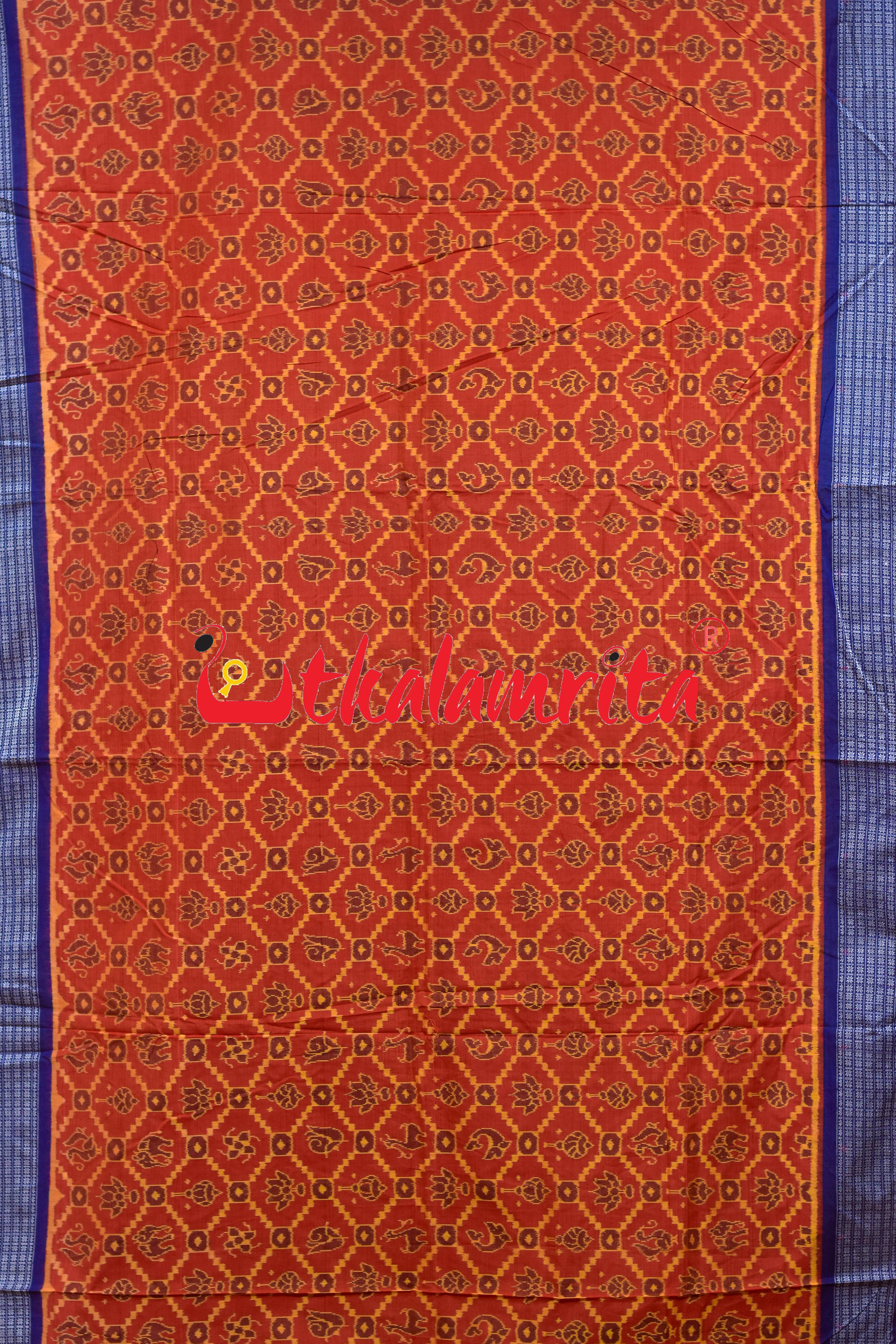 Sankha Chakra Rust Yellow Blue Sambalpuri Cotton Saree