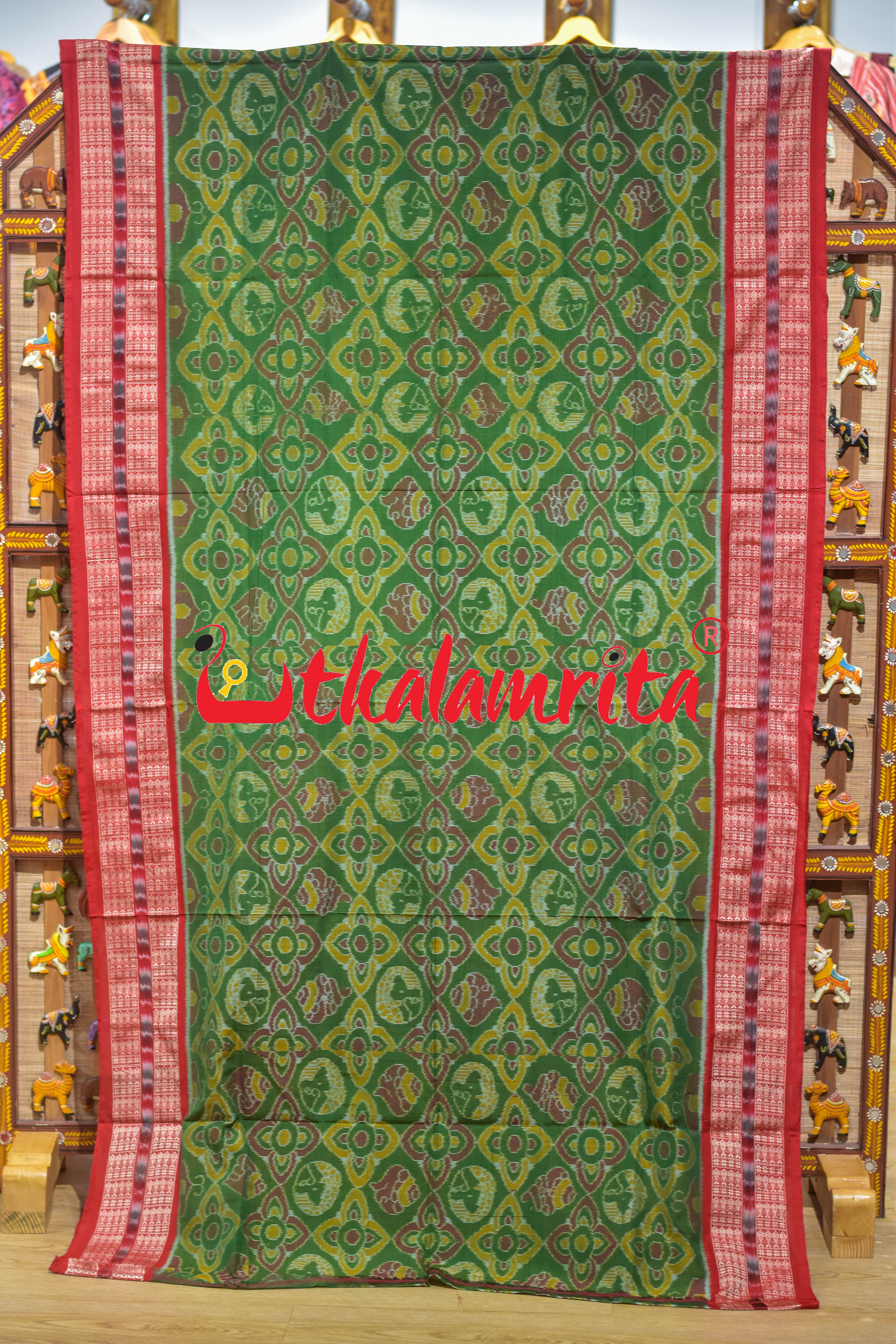 Mehndi Red Round Machha Sambalpuri Cotton Saree