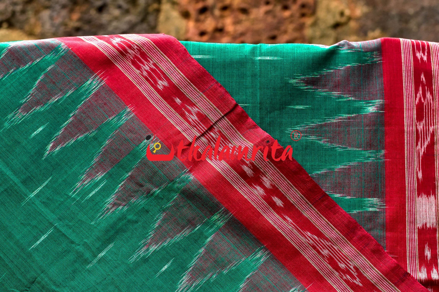 Green Red Check Daali Scot Khandua Cotton Saree