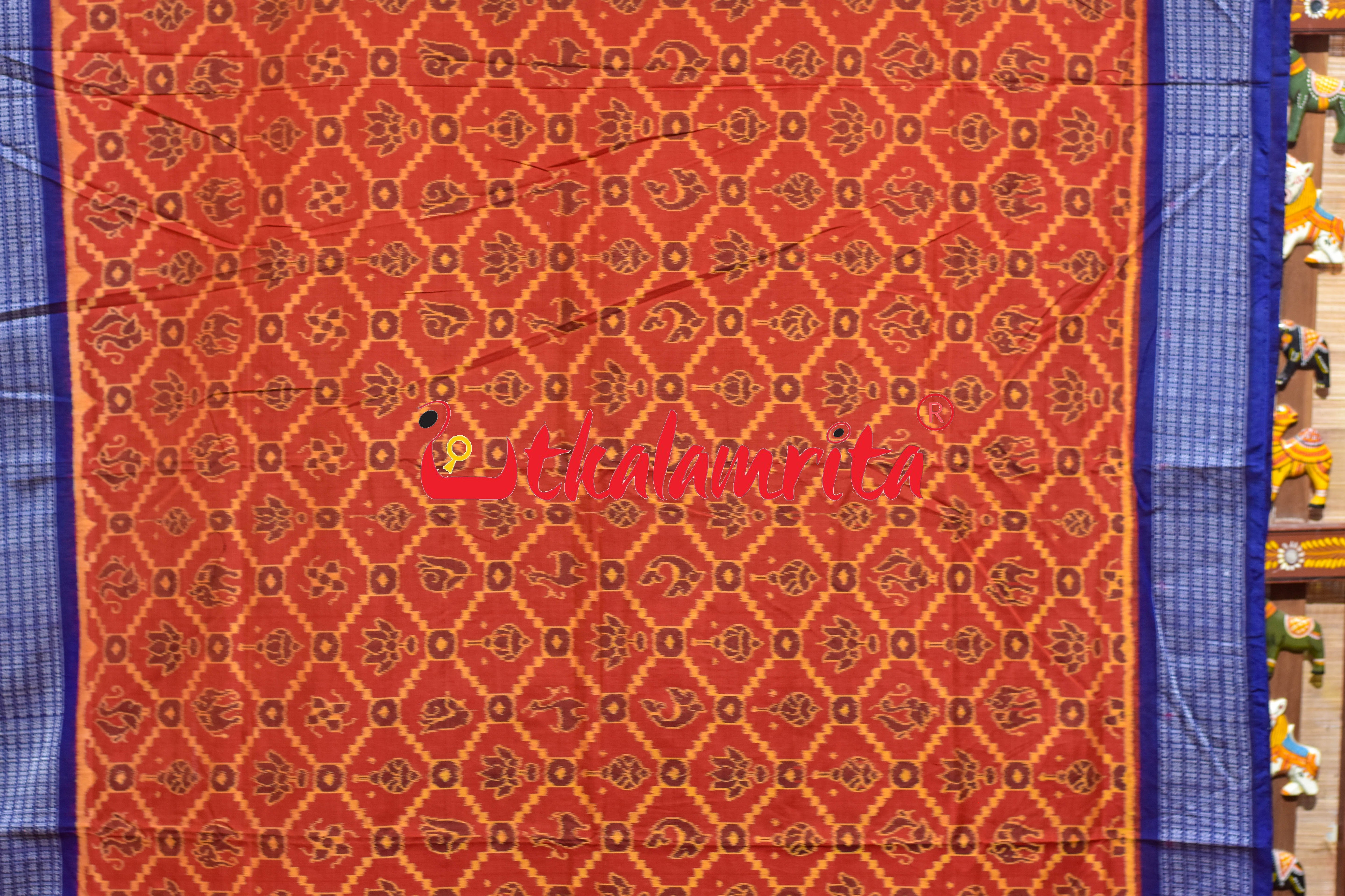 Sankha Chakra Rust Yellow Blue Sambalpuri Cotton Saree
