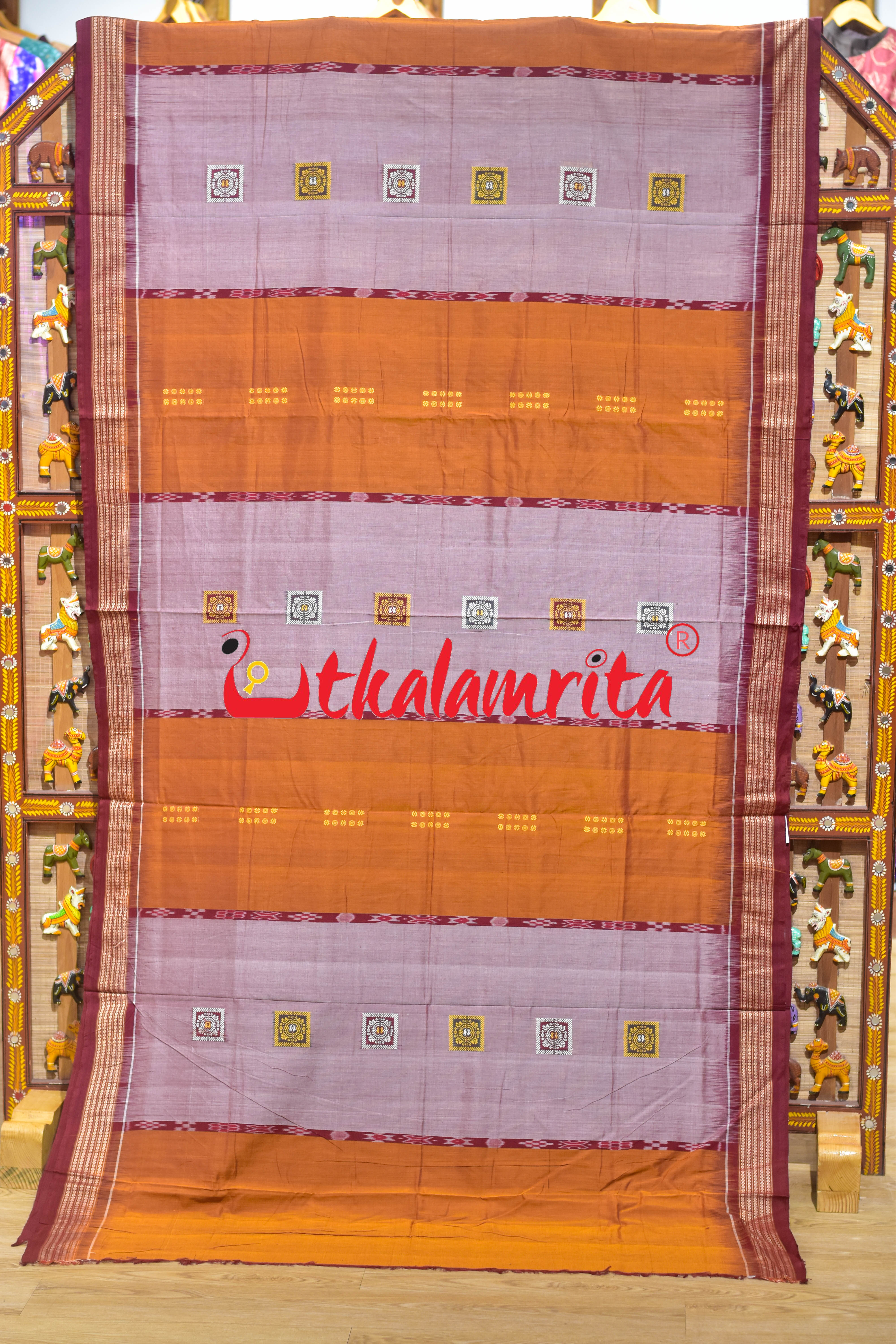 Mustard Peach Pere Bandha Bomkai Cotton Saree