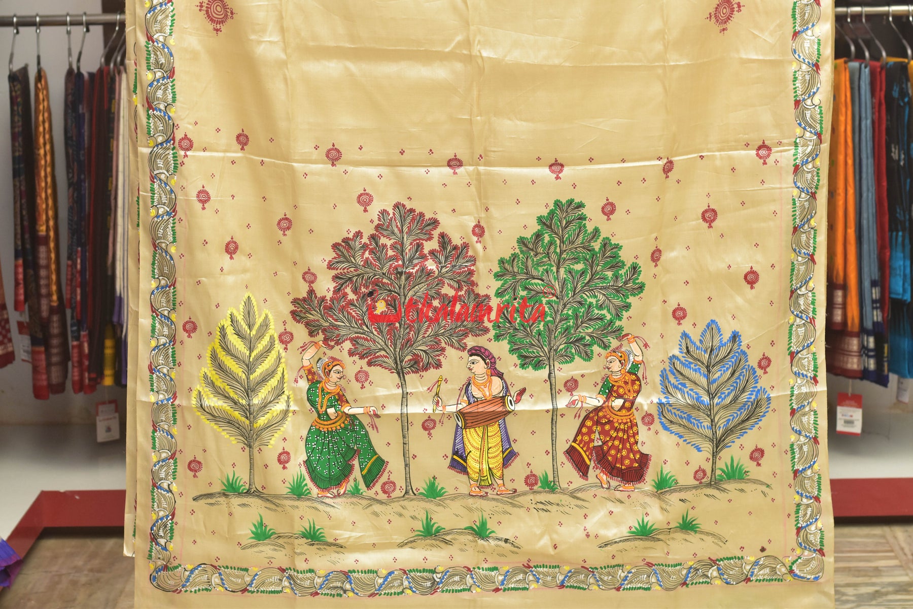 3 Dancers Pattachitra Tussar Silk Saree