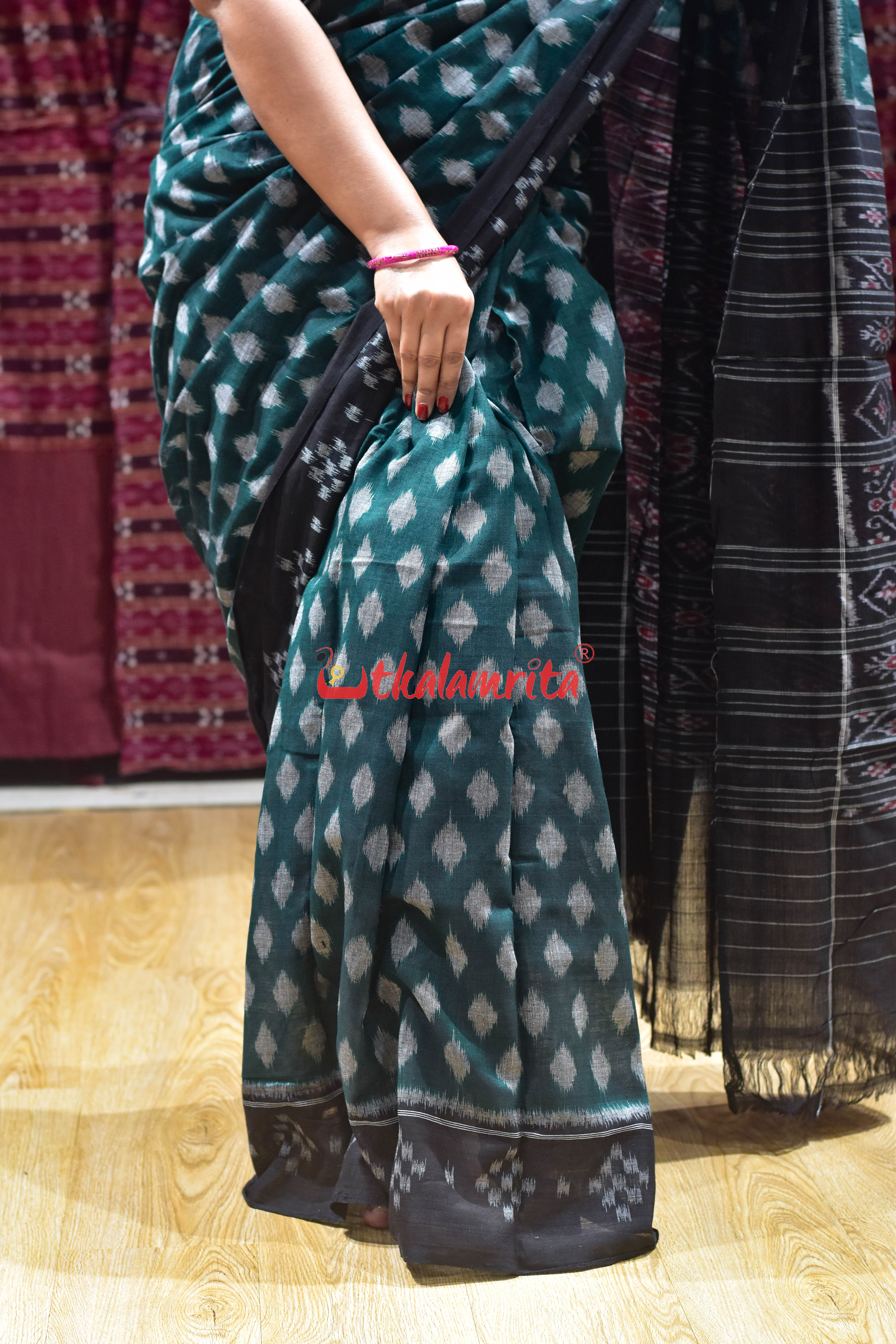 Dotty Thikiri Bottle Green Khandua Cotton Saree