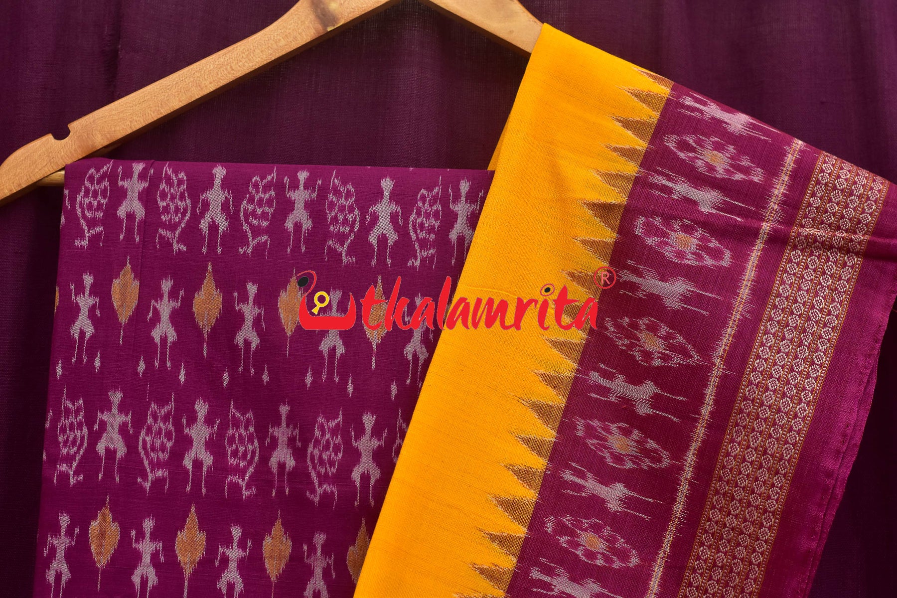 Magenta Yellow Standing Tribal Sambalpuri Dress Set