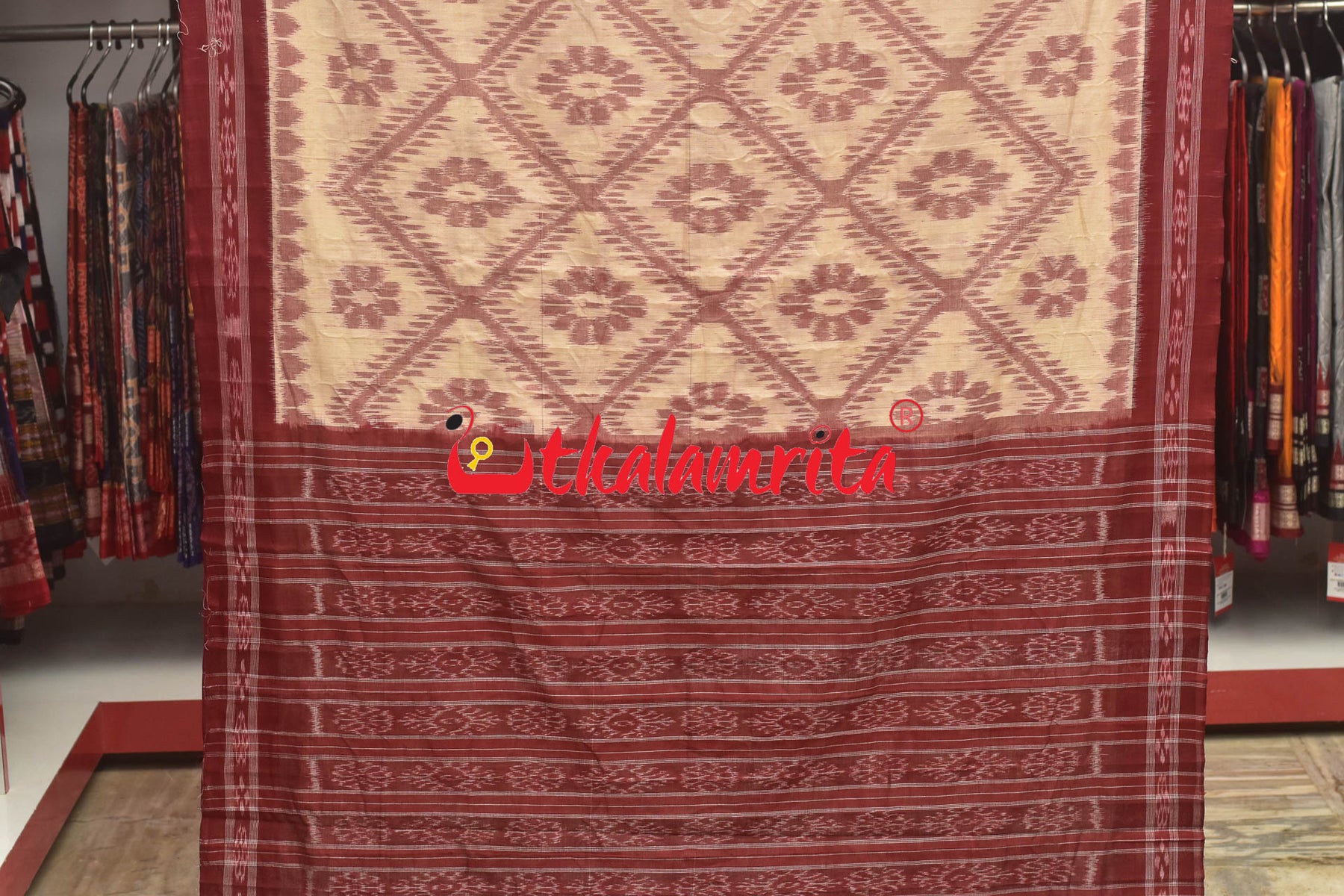 Tussarite Maroon Bada Phula Khandua Cotton Saree